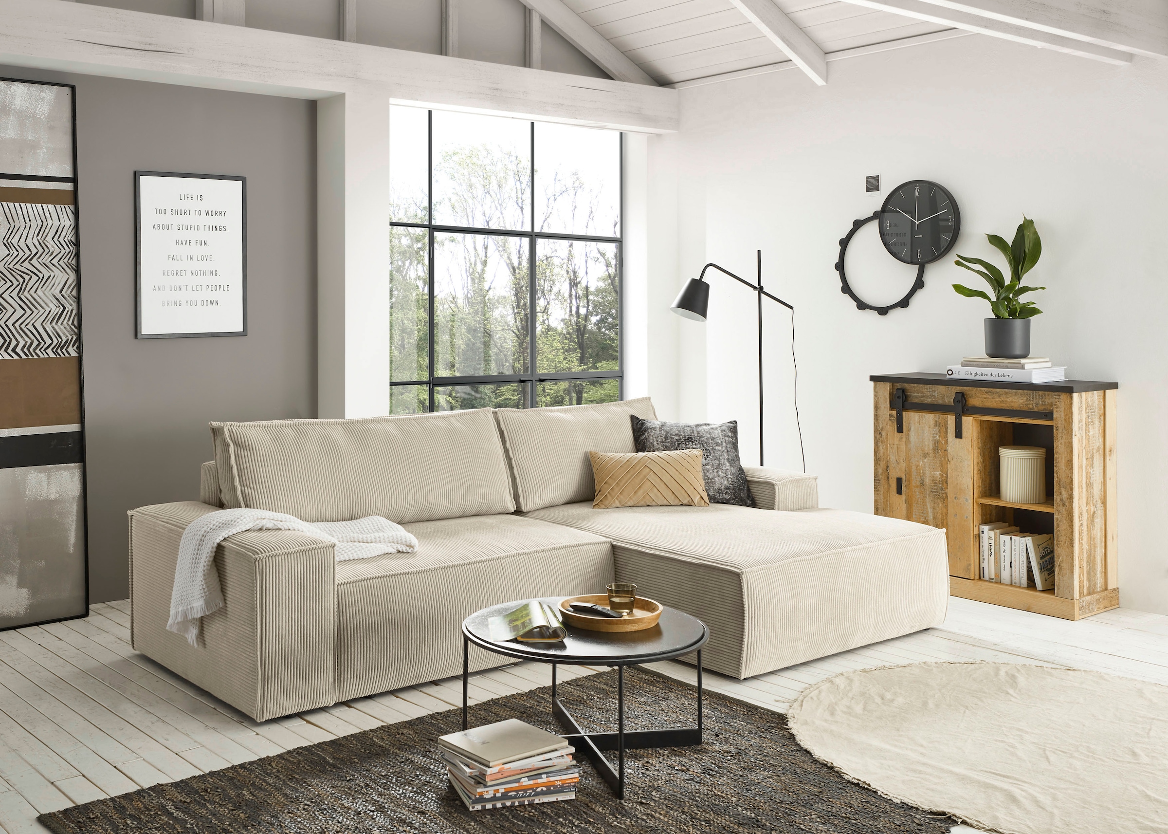 Home affaire Ecksofa SHERWOOD Schlafsofa 267 cm, L-Form, Schlaffunktion mit Bettkasten (210x136 cm), Cord, Vintage, Samtvelours