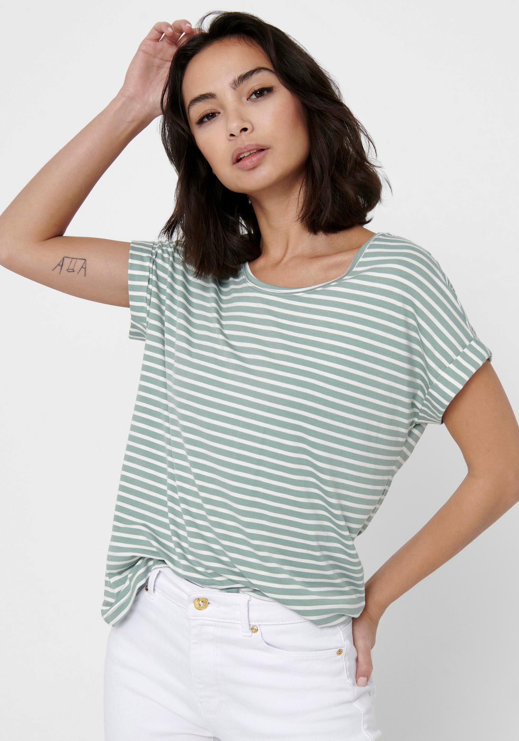 ONLY T-Shirt »ONLMOSTER STRIPE S/S O-NECK TOP JRS NOOS«, mit Aufschlag am Arm