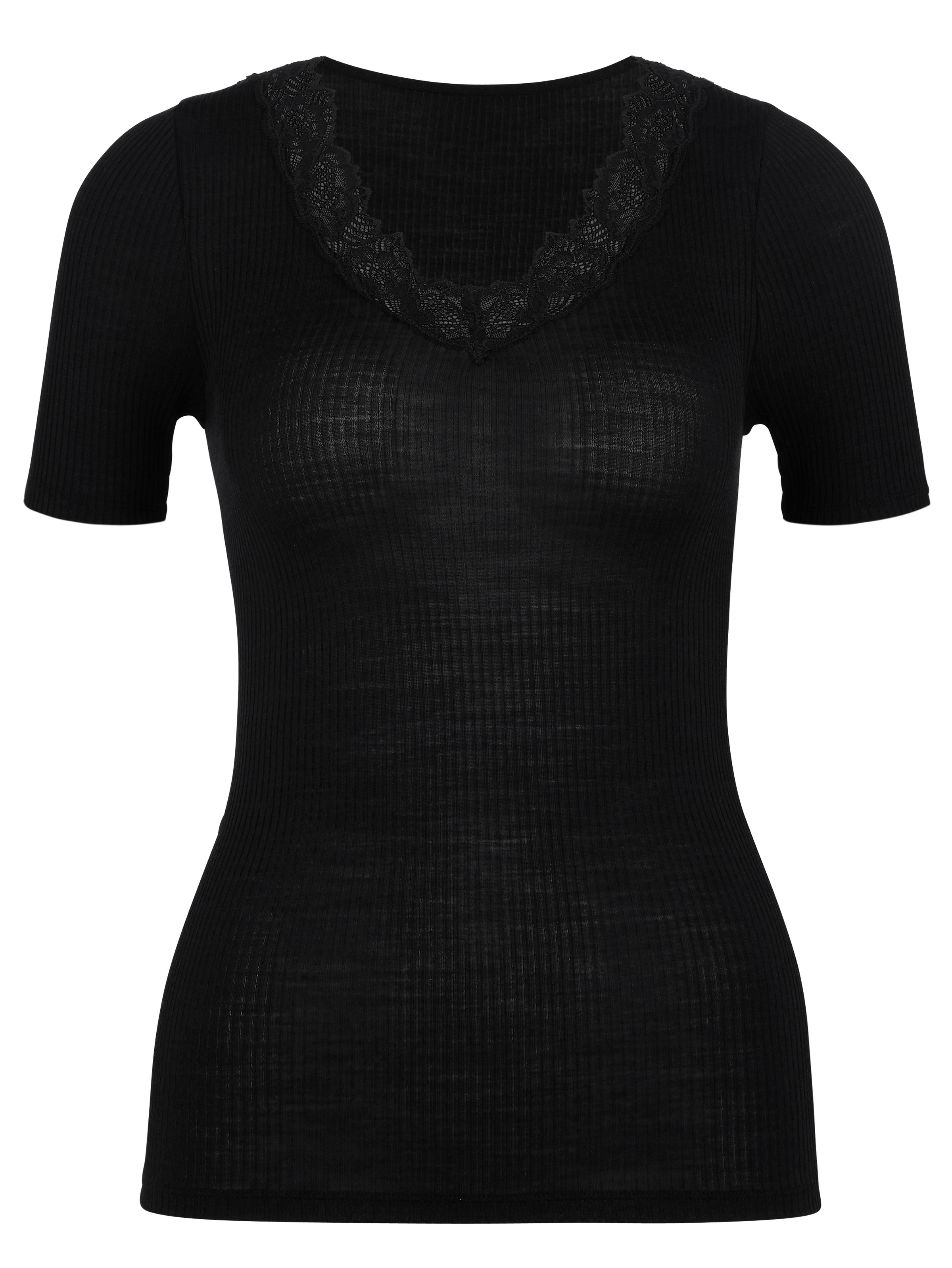 CALIDA Kurzarmshirt »Silky Wool Joy«, florale Spitze, V-Ausschnitt, Feinripp-Qualität, wärmend, weich