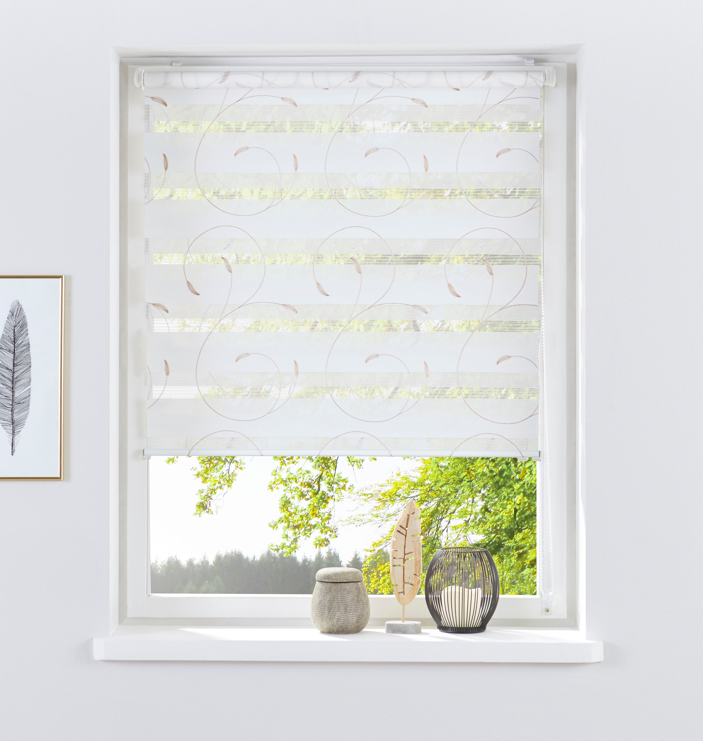 my home Doppelrollo »Clara«, Lichtschutz, Sichtschutz-Verdunkelung, ohne Bohren, freihängend, im Fixmass, mit Stickerei, Ranken, floral, bestickt, Klemmträger