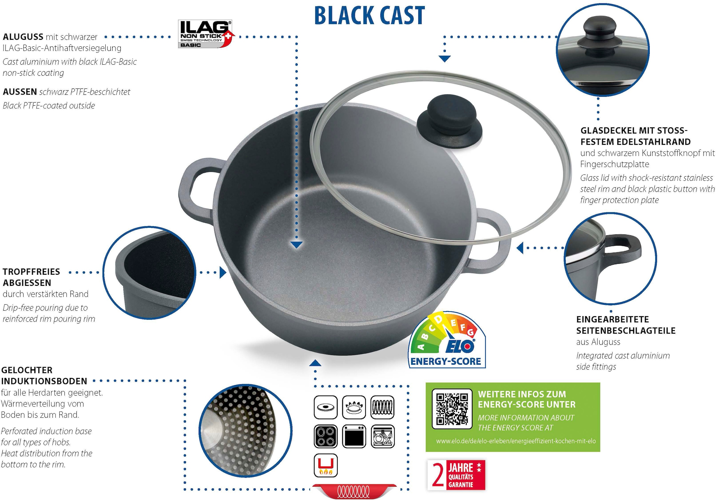 Elo Basic Topf-Set »Black Cast«, Aluminiumguss, (Set, 10 tlg., je 1 Kochtopf 16/20/24 cm, Stielkasserolle 16 cm, 2 Pfannen 24 cm), Induktion