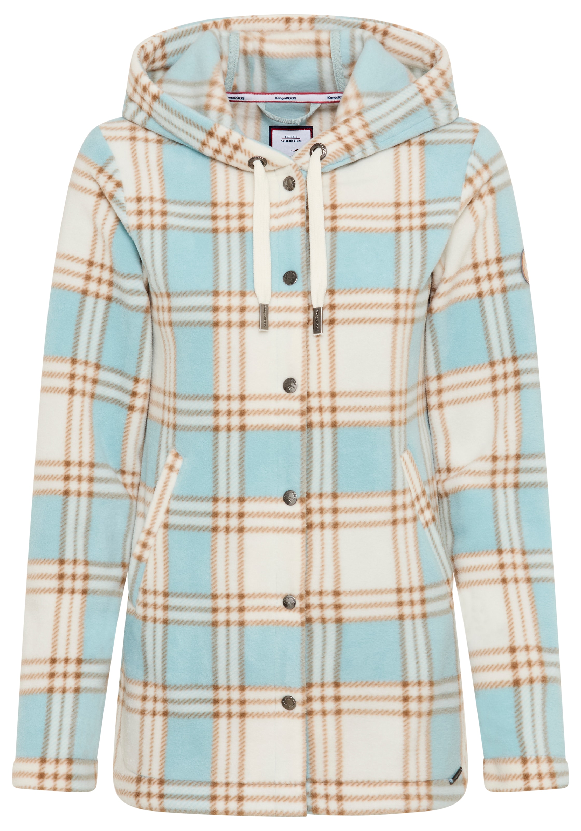 KangaROOS Fleecejacke, mit Kapuze, mit bedrucktem Karo Muster, weite Passform, Übergangsjacke