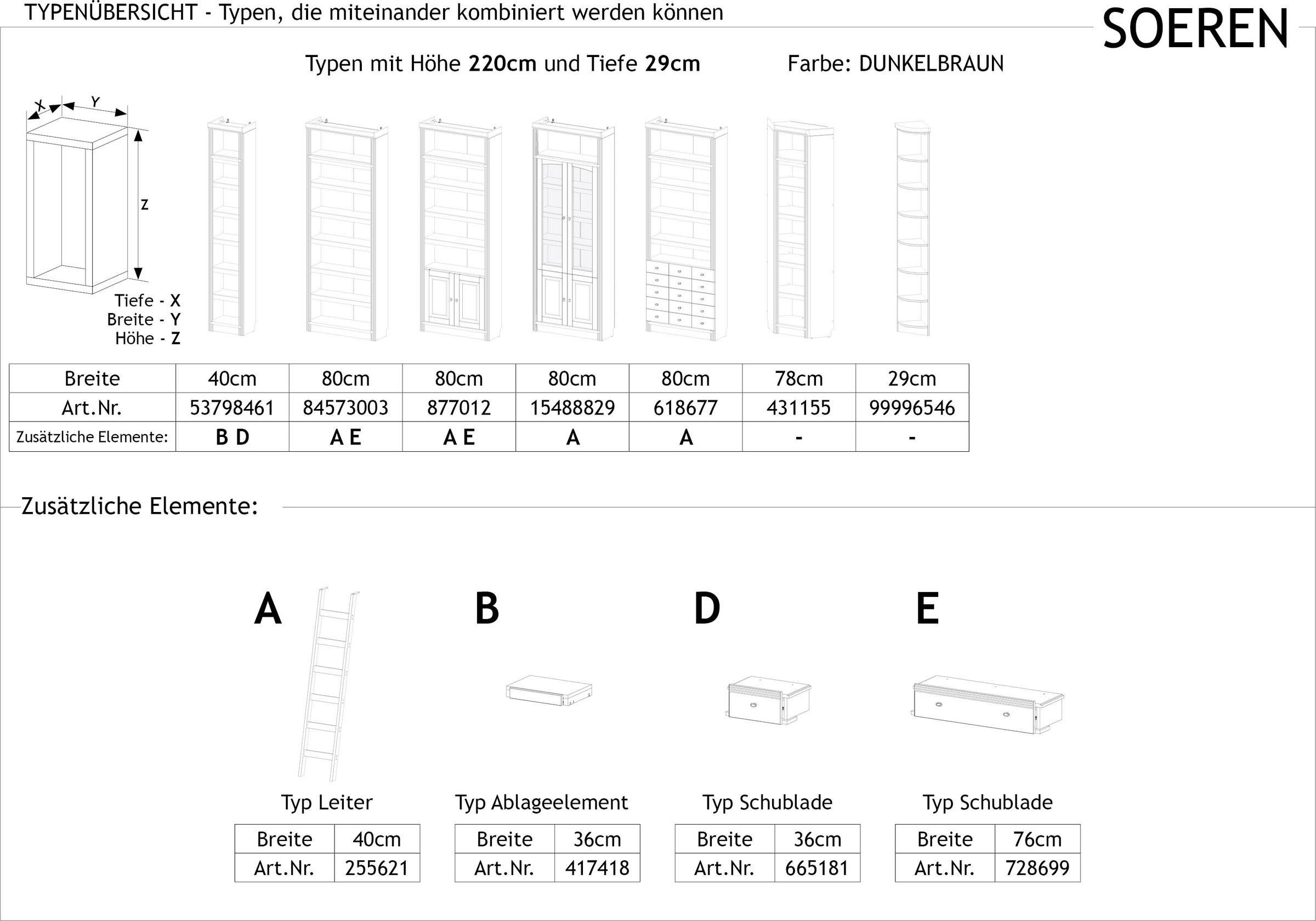 Home affaire Bücherregal »Soeren«, aus massiver Kiefer, in 2 Höhen, Tiefe 29 cm, mit 5 Schubkästen