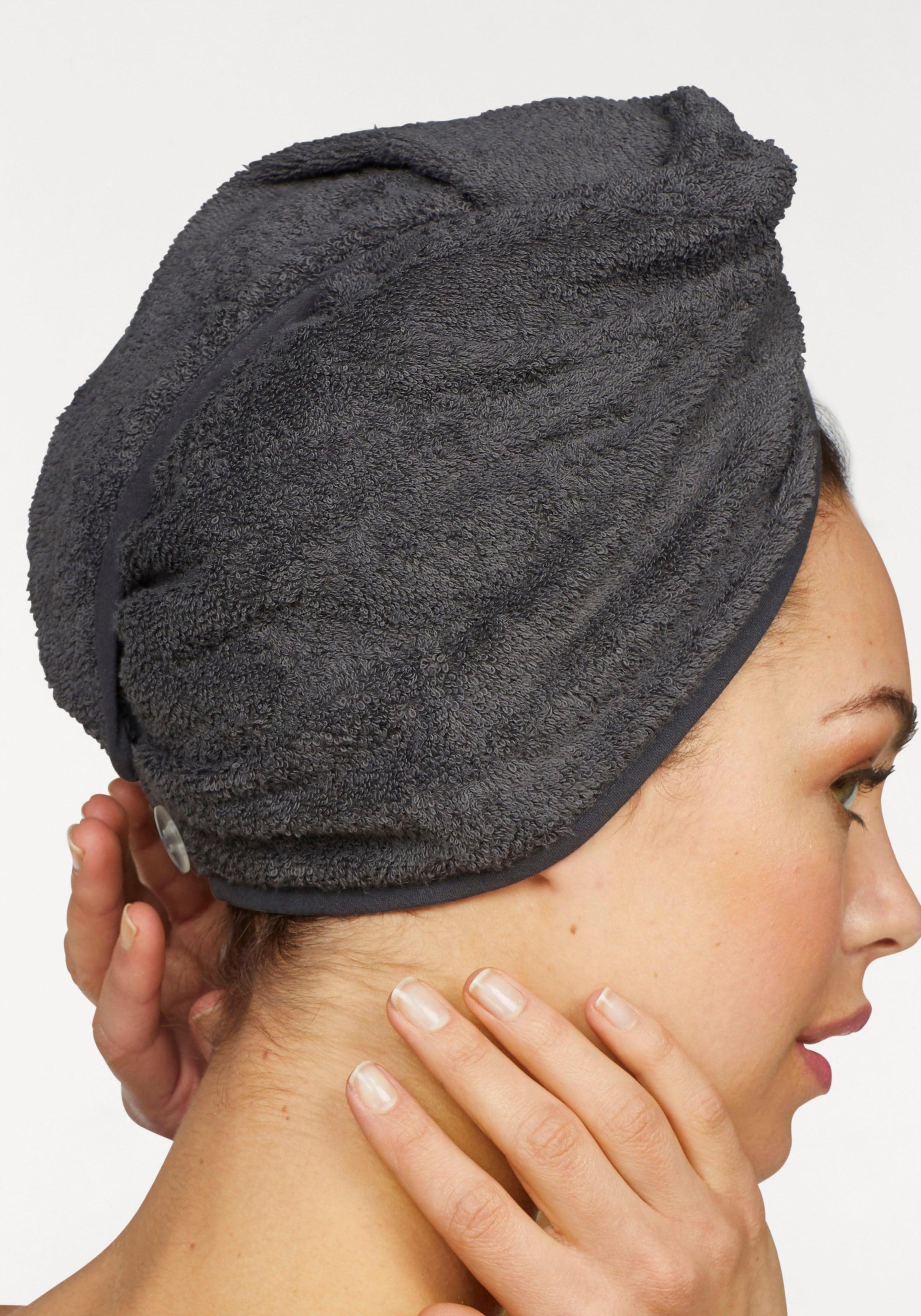 my home Turban-Handtuch »Juna«, Hinterkopf (2 Knopfverschluss mit 2 ( am einfarbiges Jelmoli-Versand Stück), | St.), Haar-Handtuch bestellen online