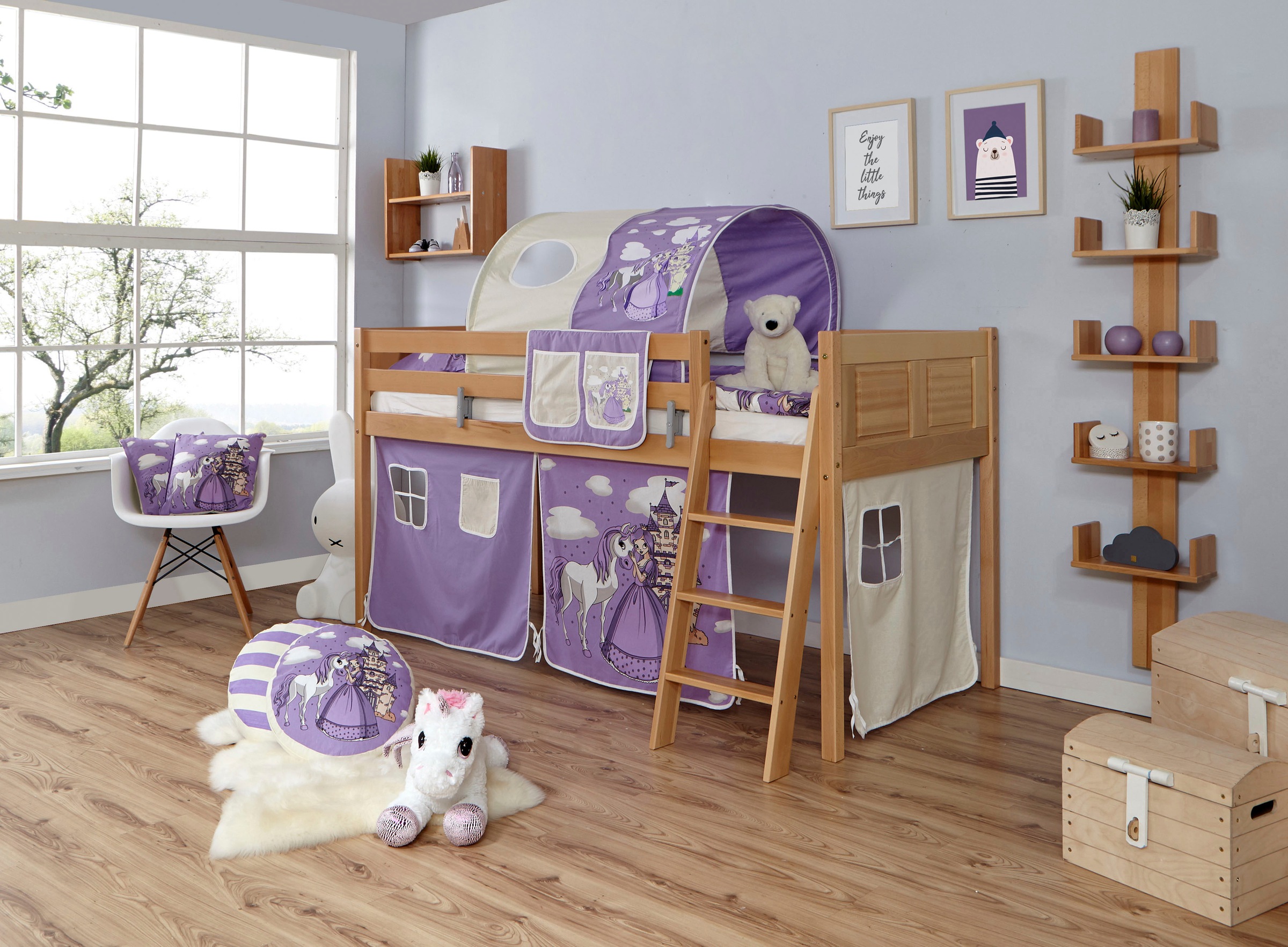 Ticaa Hochbett »Eric« mit Rollrost und Textil-Set wahlweise mit Matratze, Buche