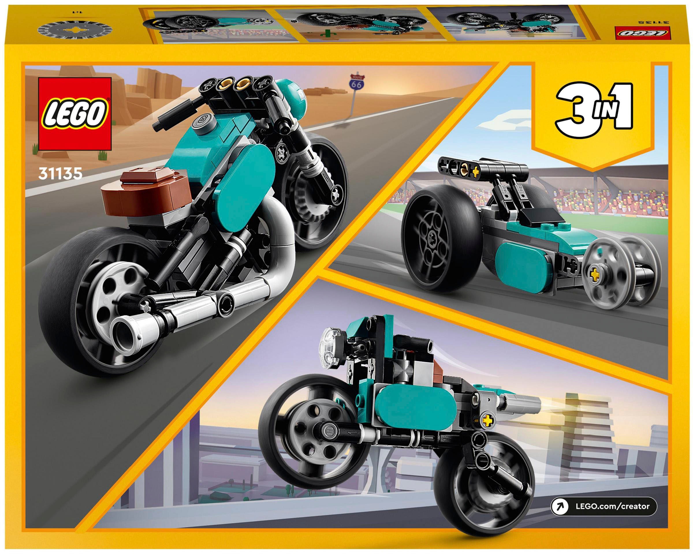 LEGO® Konstruktionsspielsteine »Oldtimer Motorrad (31135), LEGO® Creator 3in1«, (128 St.)