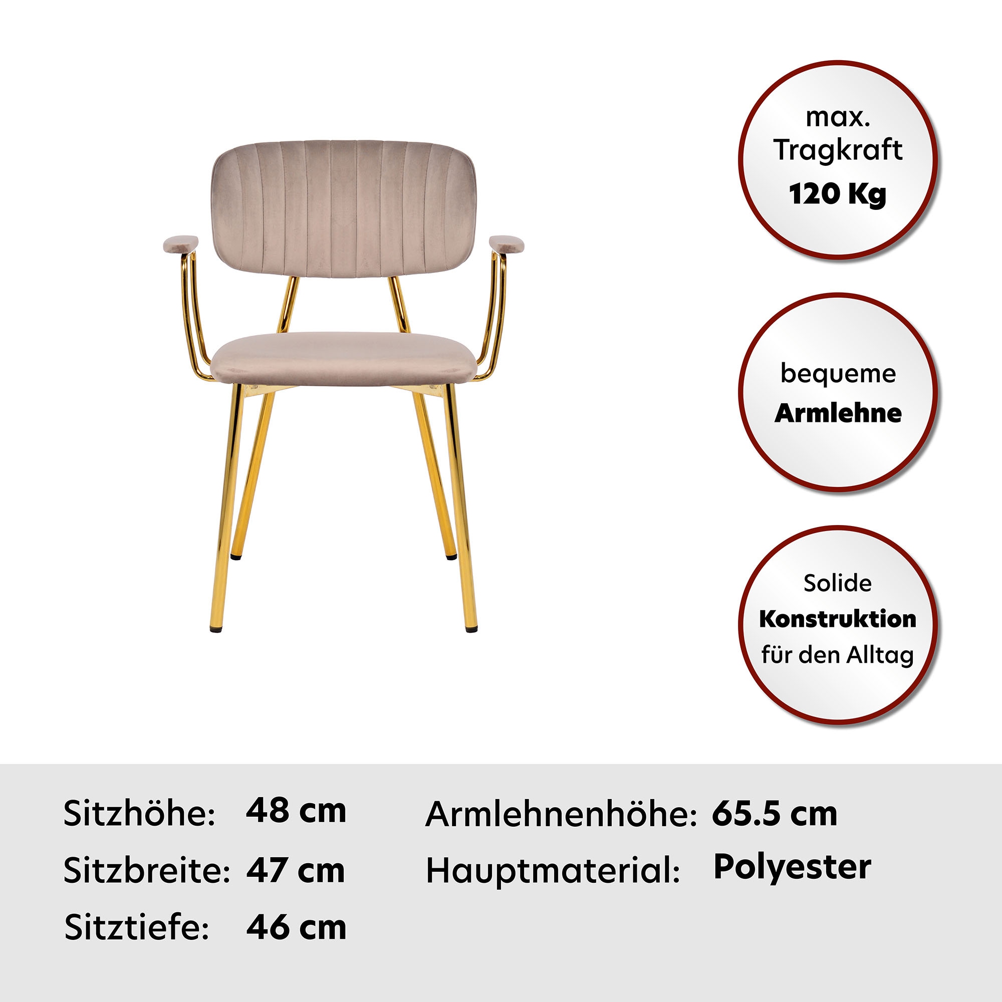 Kayoom Polsterstuhl »Stuhl Giselle 225 2er-Set, Gestell aus Edelstahl«, (Set), 2 St., mit Armlehnen, goldenes Gestell aus Edelstahl, Samtbezug, Ziernähte