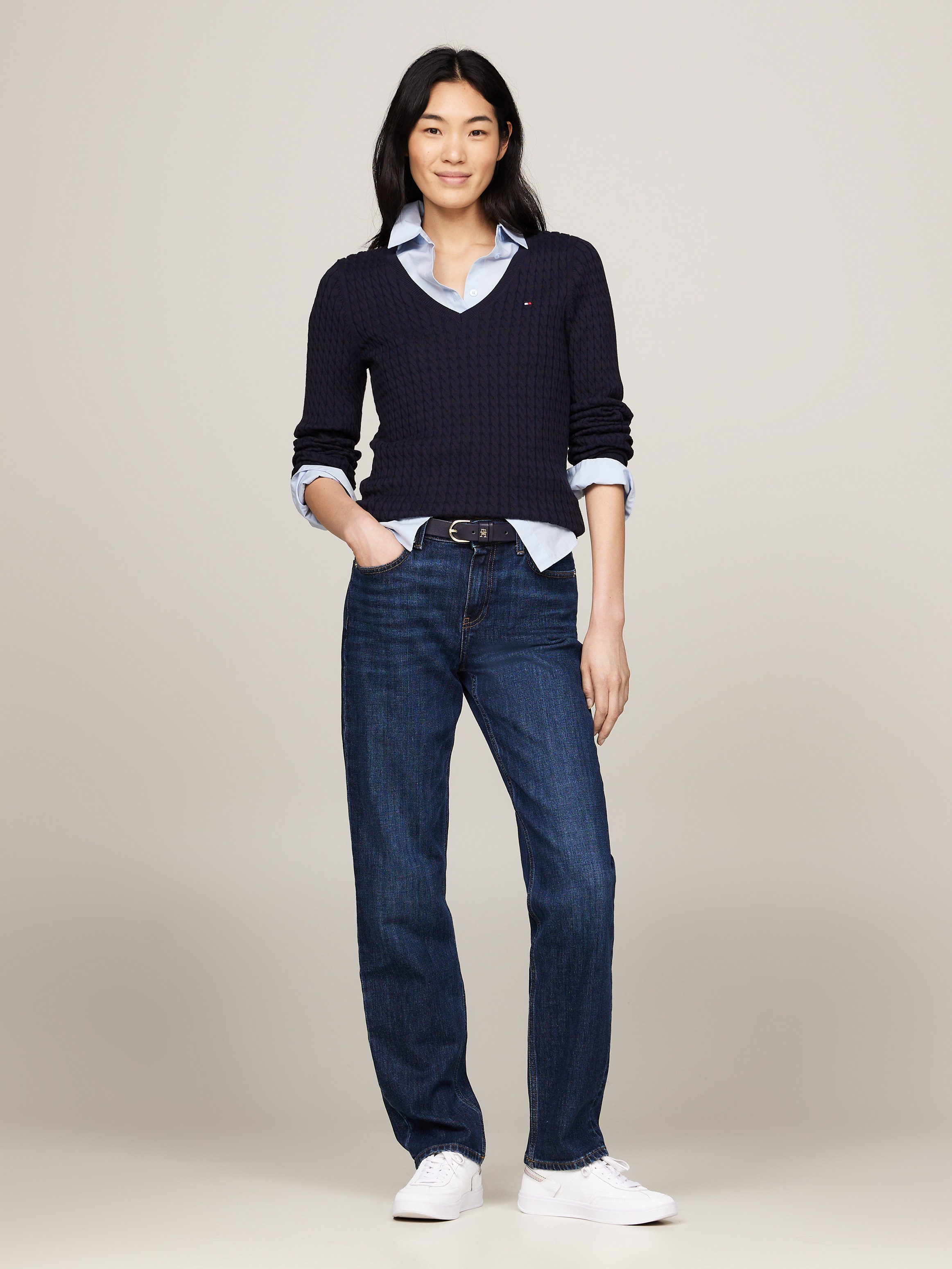 Tommy Hilfiger Strickpullover »CO CABLE V-NK SWEATER«, mit Zopfmuster