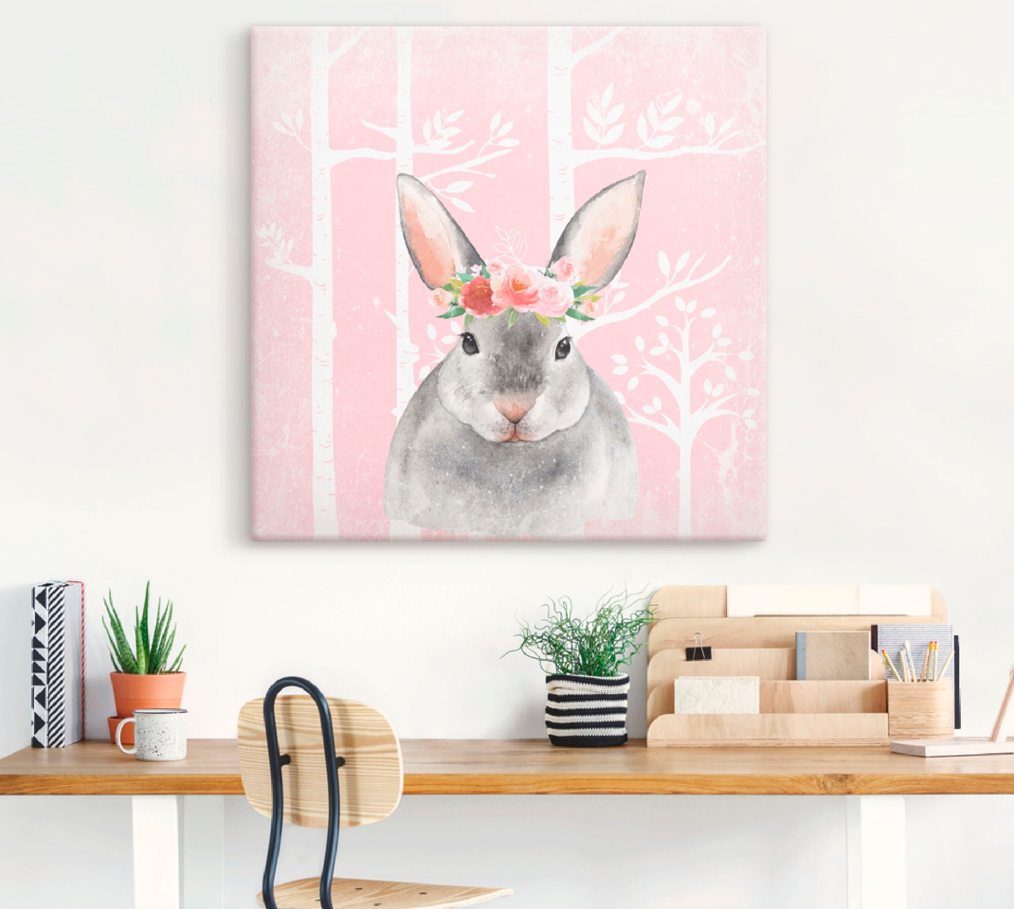 Artland Leinwandbild "Hase mit Blumen im pink Wald" Tiere 1 Stk. tlg. auf Holzrahmen gespannt