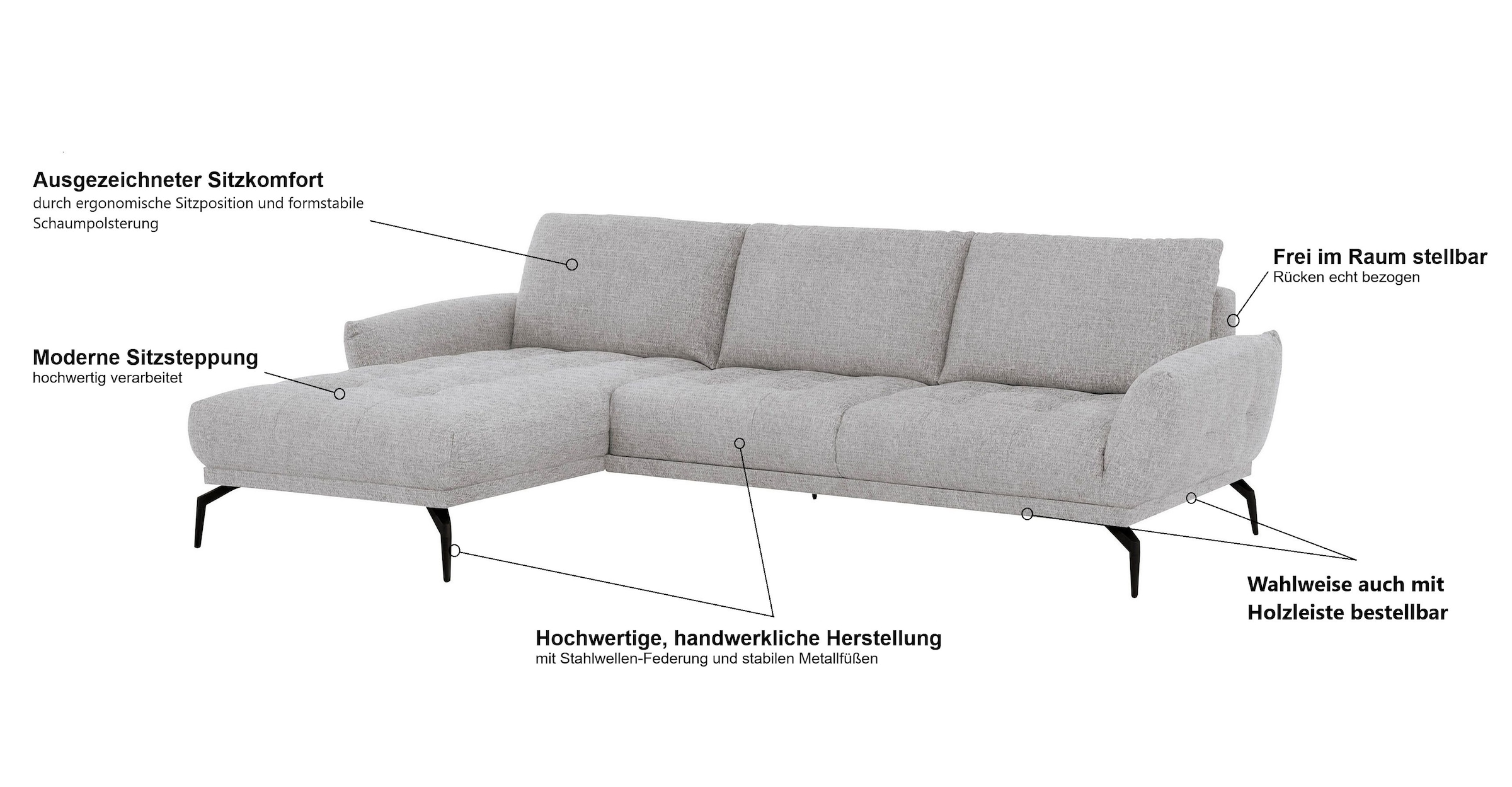 exxpo - sofa fashion Ecksofa »NICEA erstklassiger Sitzkomfort, OTTOs Choice, L-Form, bodenfrei«, In hochwertiger Verarbeitung und ergonomische Sitzposition