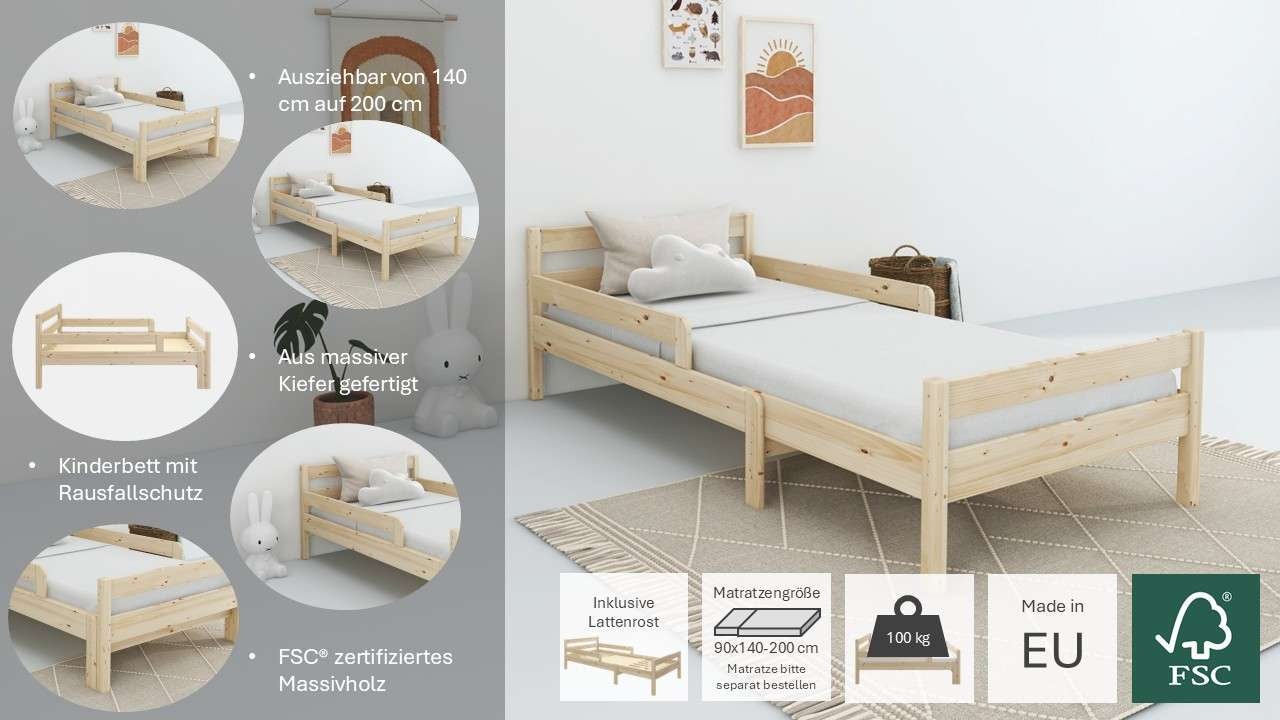 OTTO home Kinderbett »Wenke, Bett, Massivholzbett (90x200 cm)«, aus massiver Kiefer, inklusive Lattenrost, Liegefläche ausziehbar