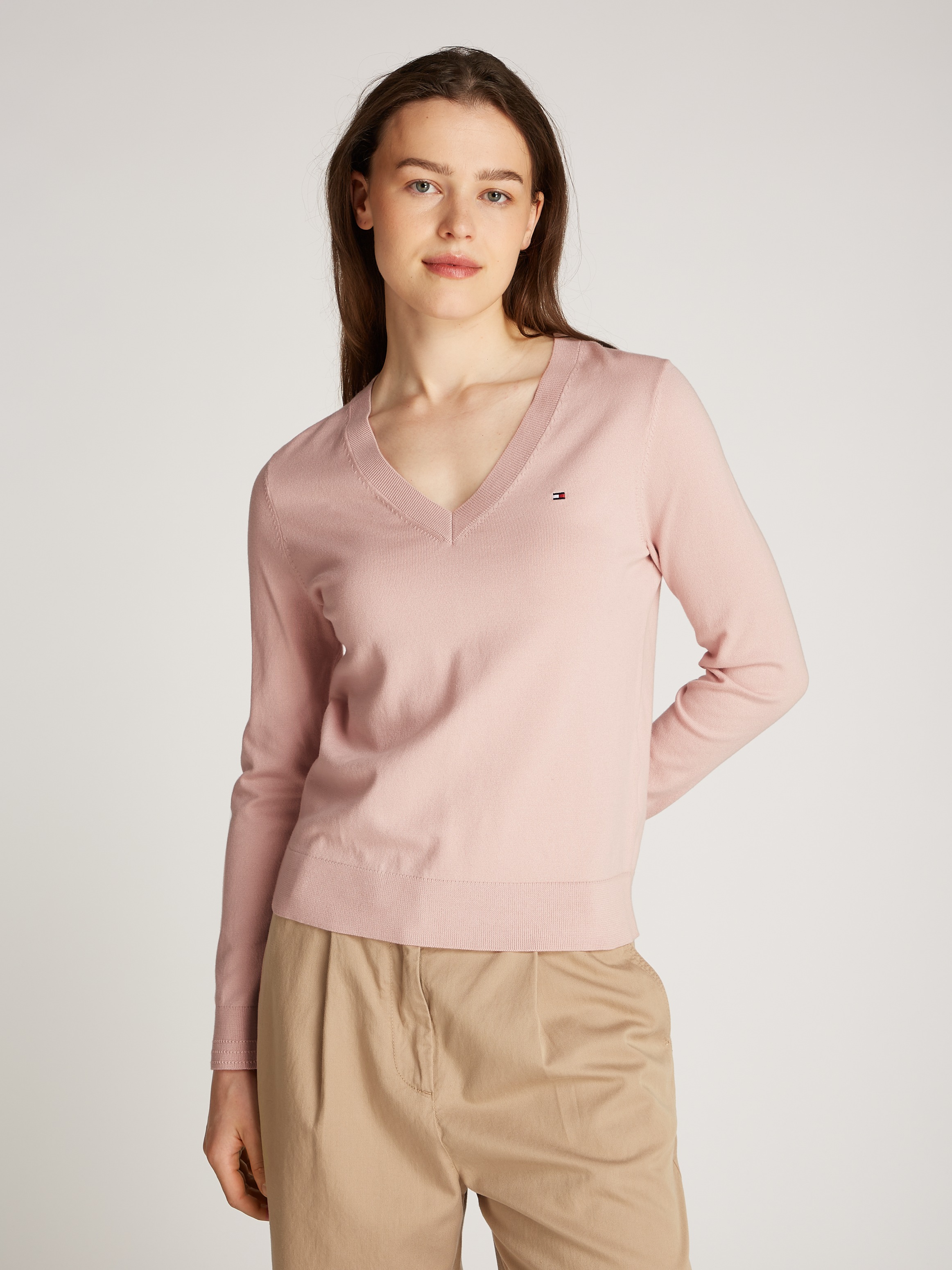 Tommy Hilfiger V-Ausschnitt-Pullover »CO JERSEY STITCH V-NK SWEATER mit V-Ausschnitt und Ripp« Baumwollmischung