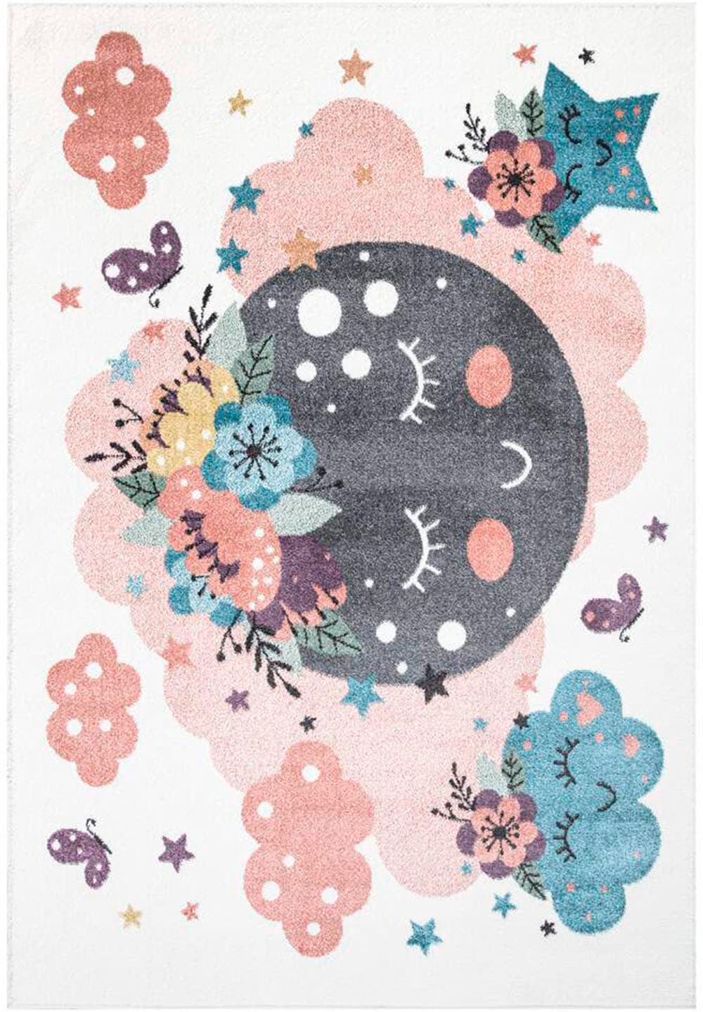Carpet City Kinderteppich »ANIME917«, rechteckig, 11 mm Höhe, Kinderzimmer Teppich Modern mit Mond, Blumen, Wolken, Creme, Multi