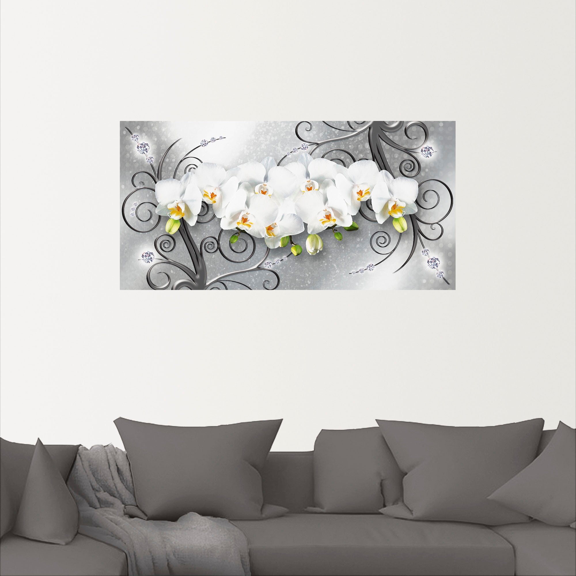 Artland Wandbild »weisse Orchideen auf Ornamenten«, Blumenbilder, (1 St.), als Alubild, Outdoorbild, Leinwandbild, Poster, Wandaufkleber