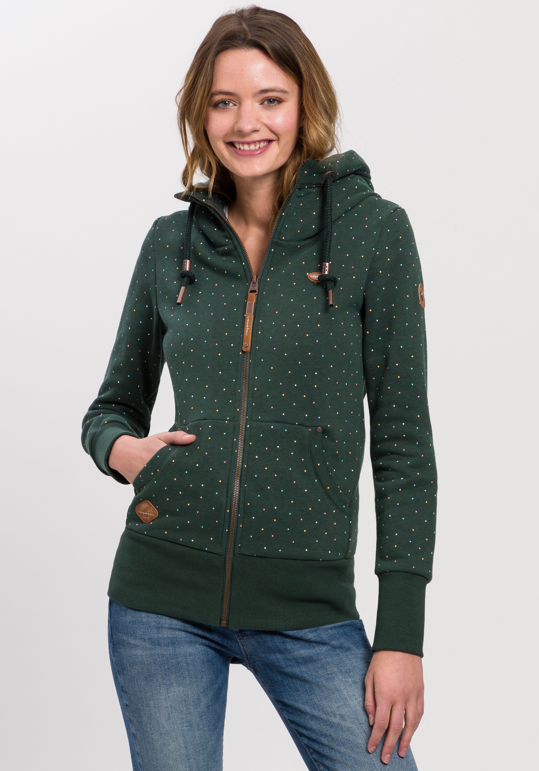 Ragwear Kapuzensweatjacke »NESKA DOTS MULTICOLOR ZIP O«, Longsleeve Jacke im Multicolor-Allover-Dots-Print-Design