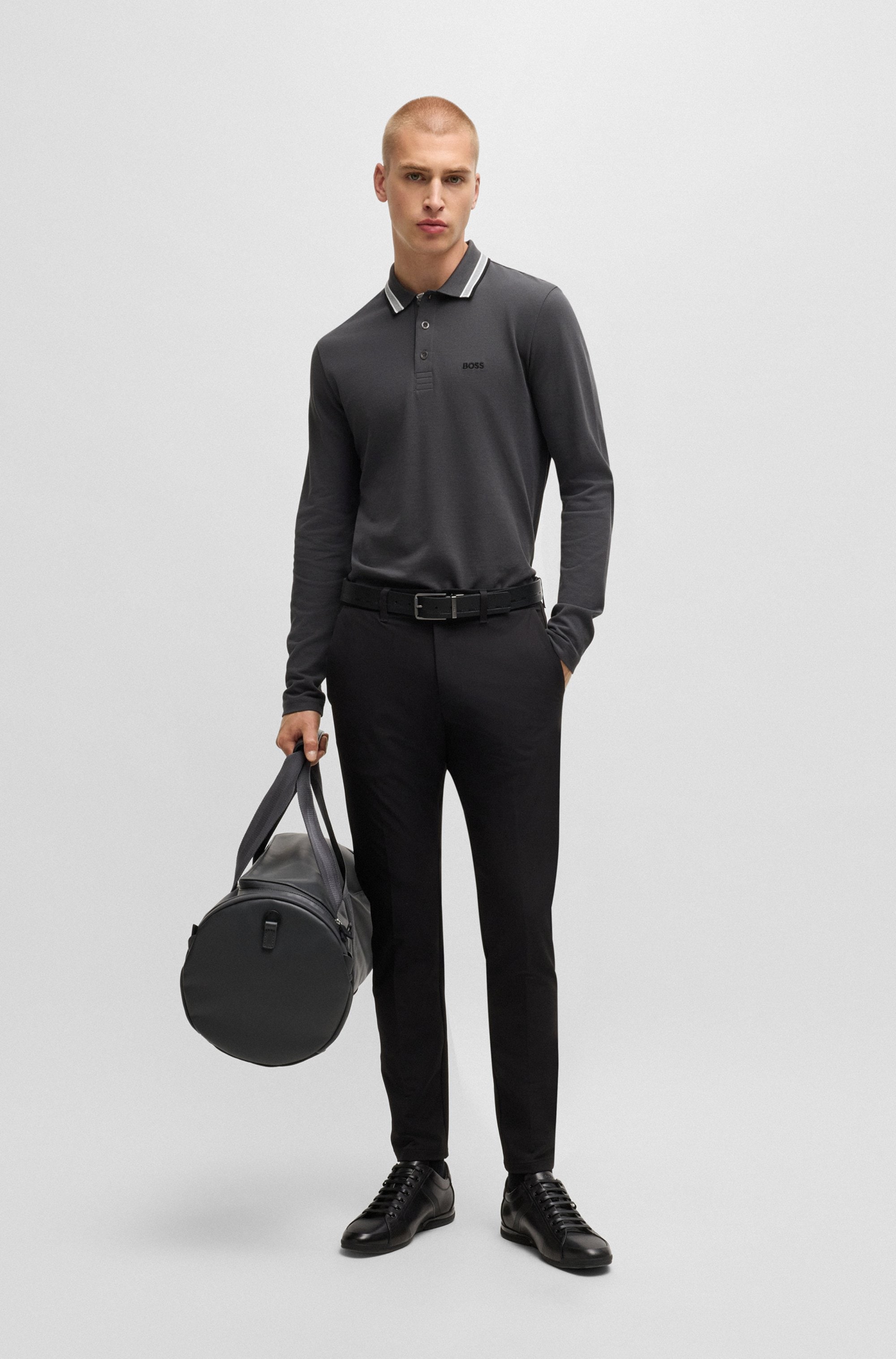 BOSS GREEN Langarm-Poloshirt »Plisy«, mit Streifen am Kragen