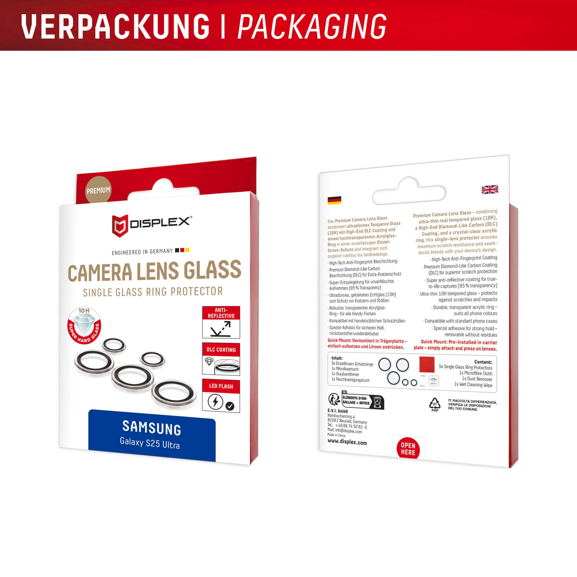 Displex Kameraschutzglas »Camera Lens Glass Single Glass Ring Protector«, für Samsung Galaxy S25 Ultra, (Packung, 2x Einzellinsen-Schutzringe), Objektivschutz, Kameraschutz, kratz- & stossfest