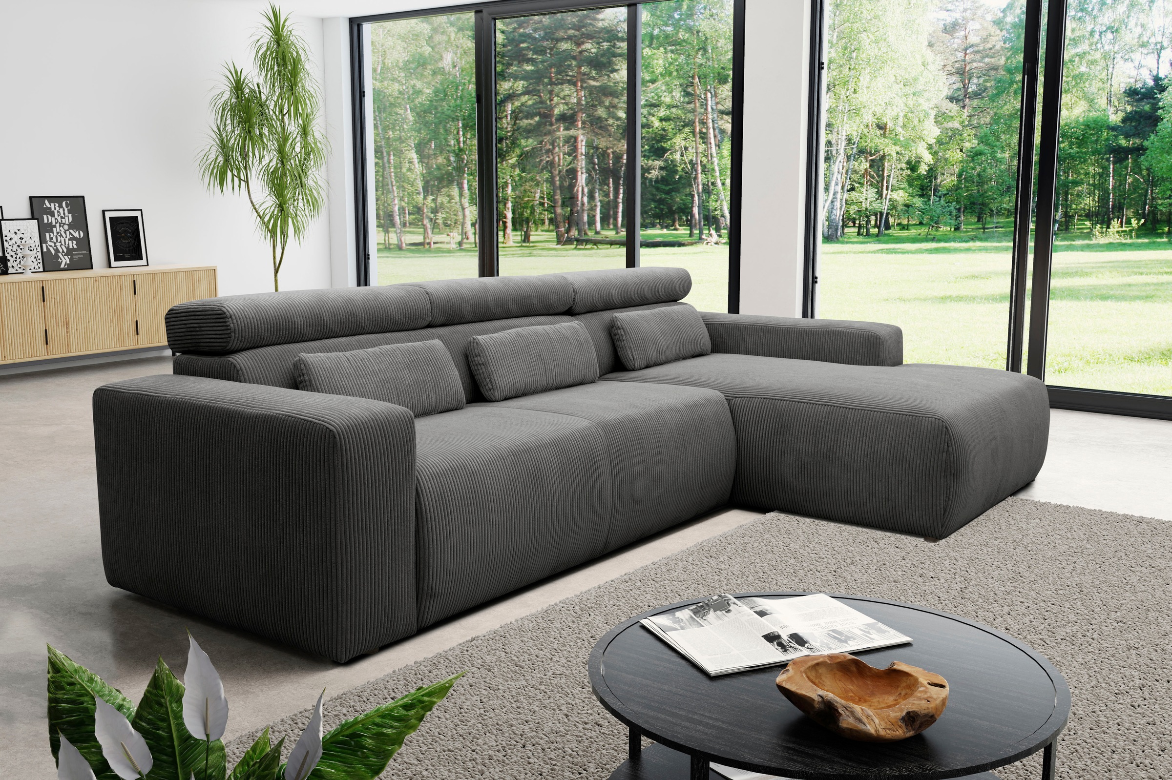 DOMO collection Ecksofa »Brandon B/T/H: 289/177/80 cm, whlw. mit Sitztiefenverstellung, L-Form«, ohne Sitztiefenverstellung, Cord, grau