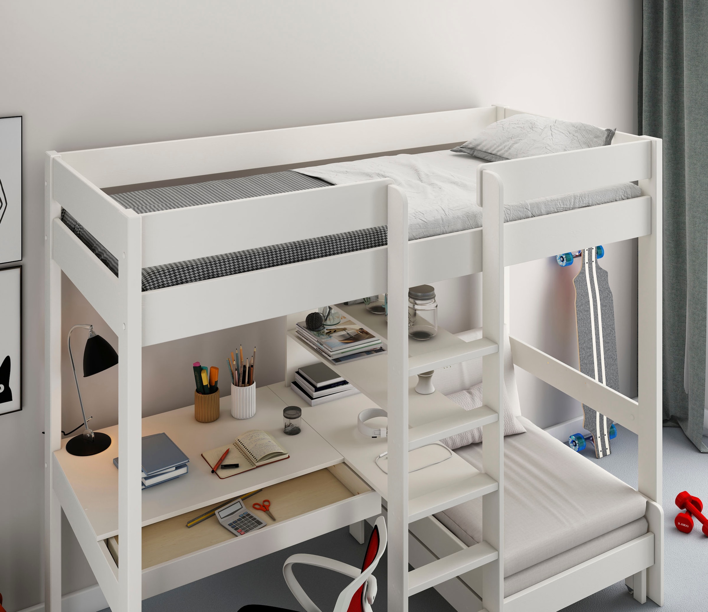 Lüttenhütt Hochbett »Stockbett, Kinderbett, "ROBIN " FSC® zertifiziertes Massivholz«, mit Schreibtisch und Regalen