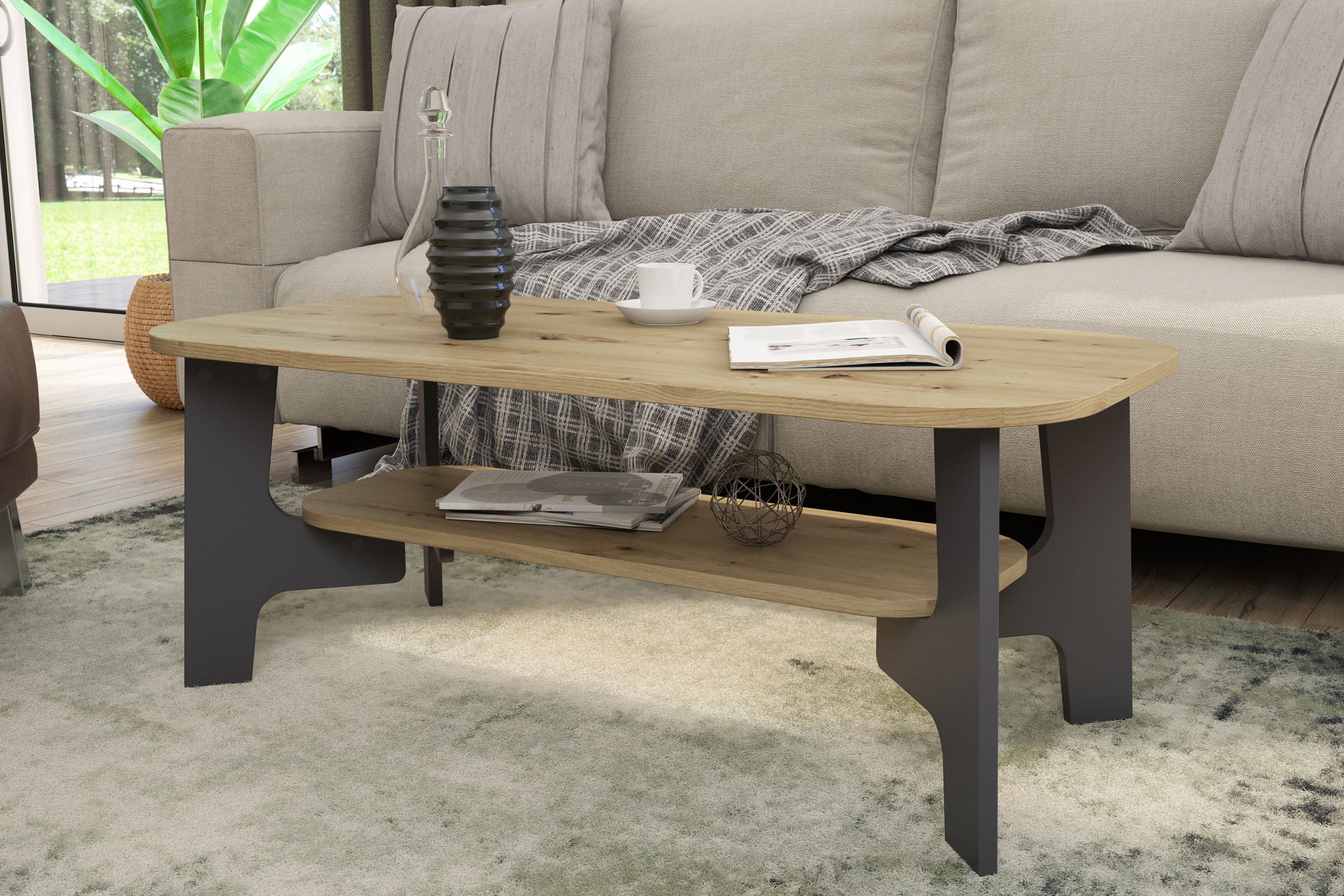 byLIVING Couchtisch "JONNY" Tischplatte Artisan Eiche o. Old Wood, Gestell anthrazit, Ablageboden