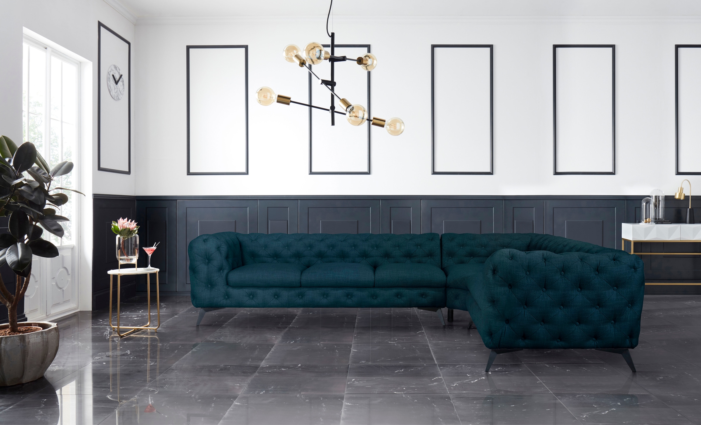Leonique Chesterfield-Sofa »Ecksofa GLYNIS L-Form mit Wellenunterfederung, Masse B/T/H 323/264/75cm«, aufwändige Knopfheftung, moderne Chesterfield Optik, Fussfarbe wählbar