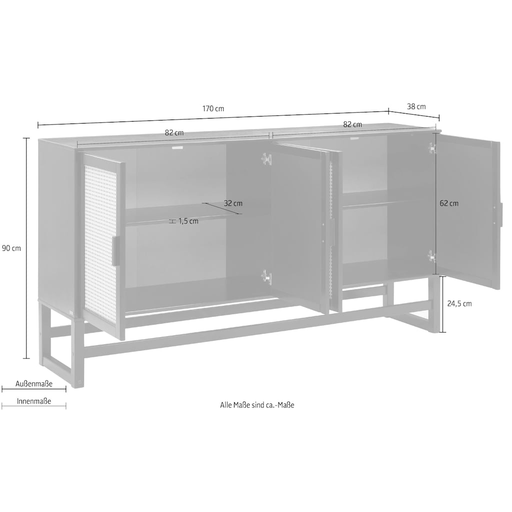 Home affaire Sideboard, Rattangeflecht auf den Türfronten, aus Massivholz, zwei Farbvarianten