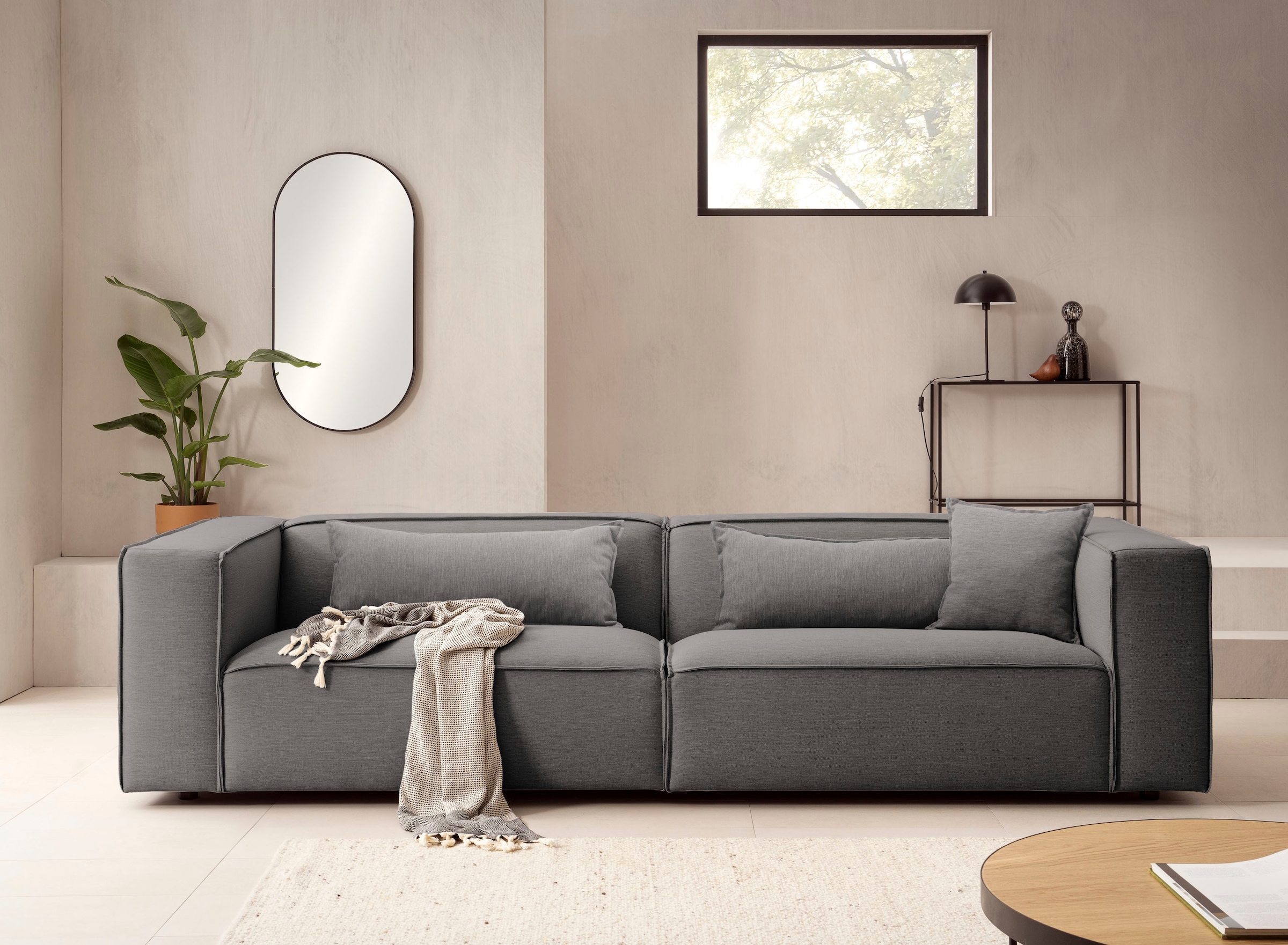 LeGer Home by Lena Gercke 3-Sitzer »PIARA, Couch mit Kedernaht, Sofa in Cord oder Leinenoptik«, schwarze Füsse, bequemer Sitzkomfort
