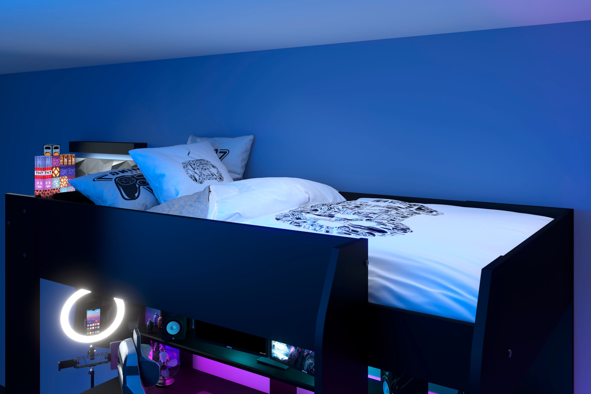 Parisot Hochbett »Gaming-Bett, mit Schreibtisch, USB Anschluss, LED, viel Stauraum«, ideal für kleine Räume, TOPSELLER!