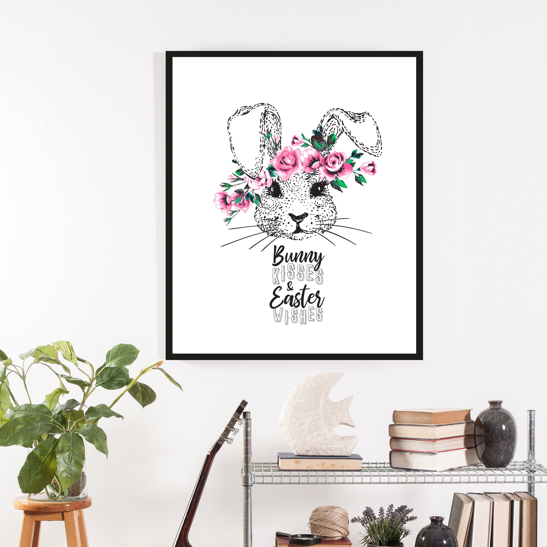 queence Bild »Aico«, Hase-Hasen-Haustiere-Kunst-Ostern-Blumen, (1 St.), mit Rahmen, schwarz