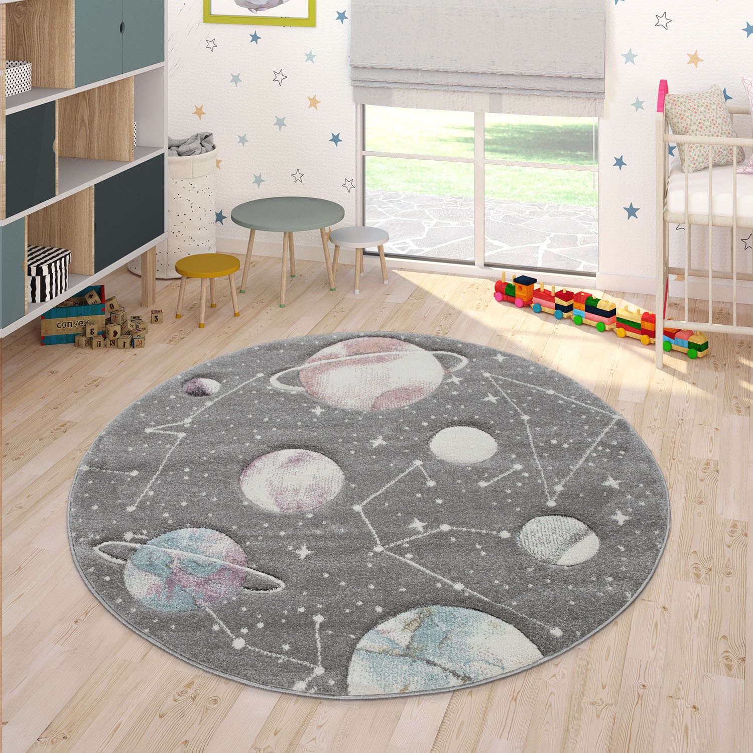 Paco Home Kinderteppich »Cosmo 347«, rund, 12 mm Höhe, 3D-Design, Motiv Weltraum, Kinderzimmer