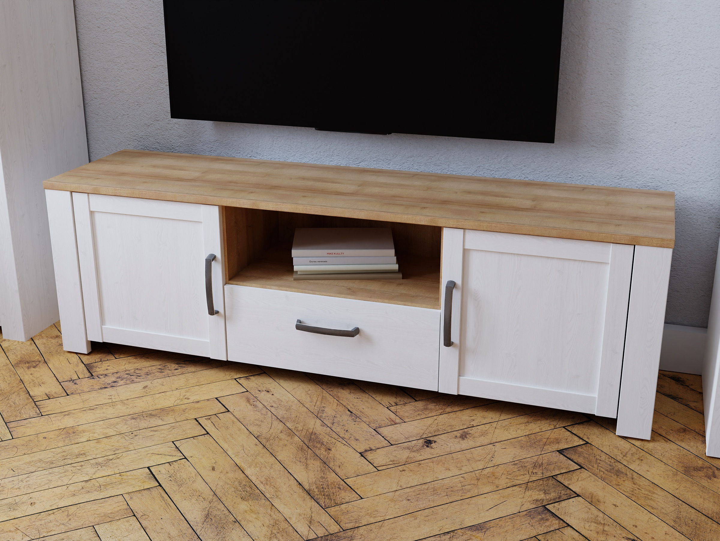 Meuble TV BOHOL Blanc – 2 Portes + 1 Tiroir + 1 Niche – L 166,1 × P 42 × H 51,8 cm