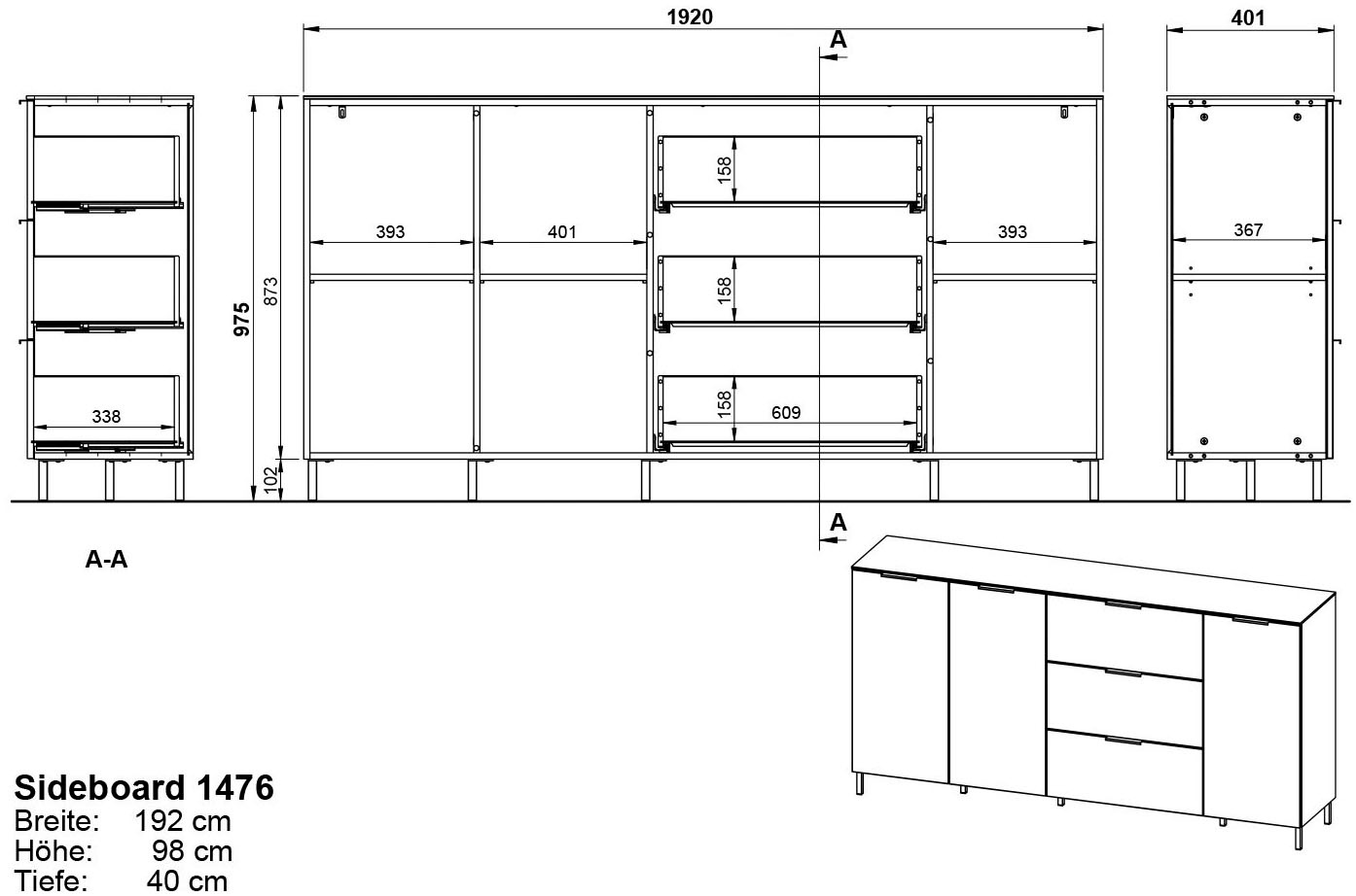 Breite shoppen Sideboard filigraner mit Deckplatte online GERMANIA cm, »California«, 192 Jelmoli-Versand |