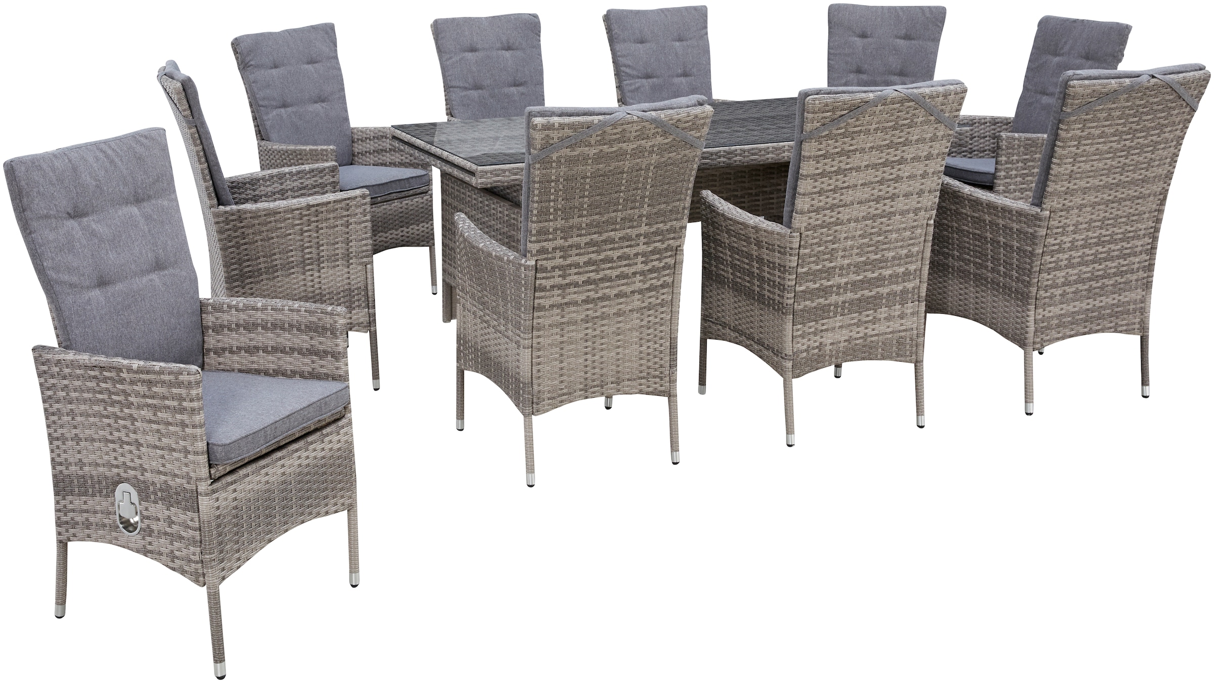 KONIFERA Garten-Essgruppe »Belluno«, (Set, 21 tlg., 10x Sessel, 1x AZ-Tisch 179-300x73/89cm, inkl. Auflagen, Polyrattan), 2 der 10 Sessel stufenlos verstellbar, Tischplatte aus Sicherheitsglas