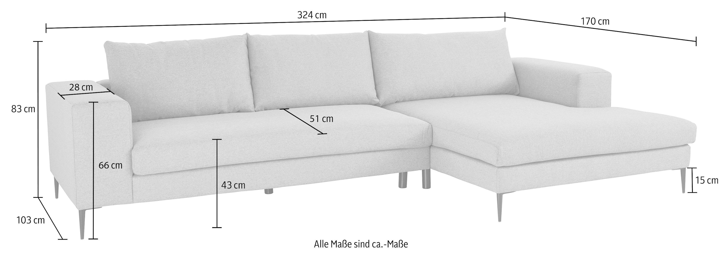 INOSIGN Ecksofa »Aurora, L-Form, mit extra breiter Recamiere, 324 x 170 cm (BxT)«, Designsofa mit tollem Sitzkomfort, extra hohe Metallfüsse schwarz