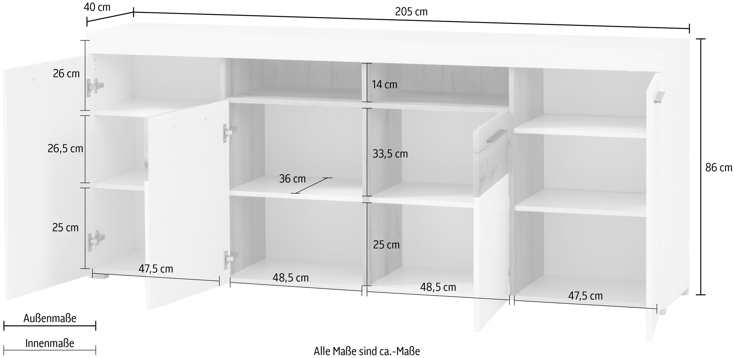 INOSIGN Sideboard »Salerno, moderner Schrank, Highboard in Weiss mit Eiche Evoke Dekor«, Metallgriffe, ausreichend Stauraum, vielseitig einsetzbar, 205cm breit
