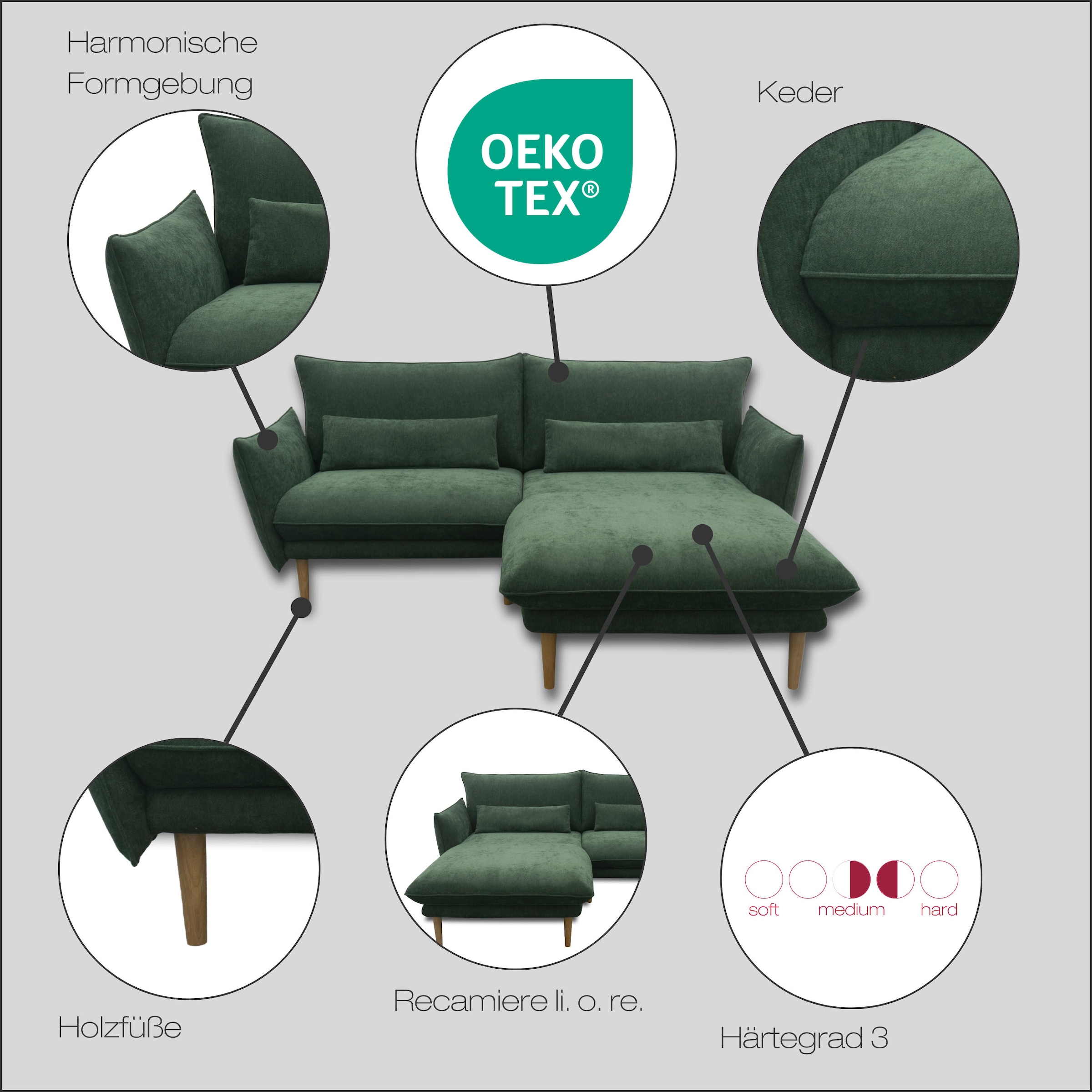 DOMO collection Ecksofa »Leuven kompakte Stellmasse, Breite 200 cm, schmale Armlehnen, L-Form«, angenehm feste Polsterung, bodenfrei, 19 cm hohe Holzfüsse