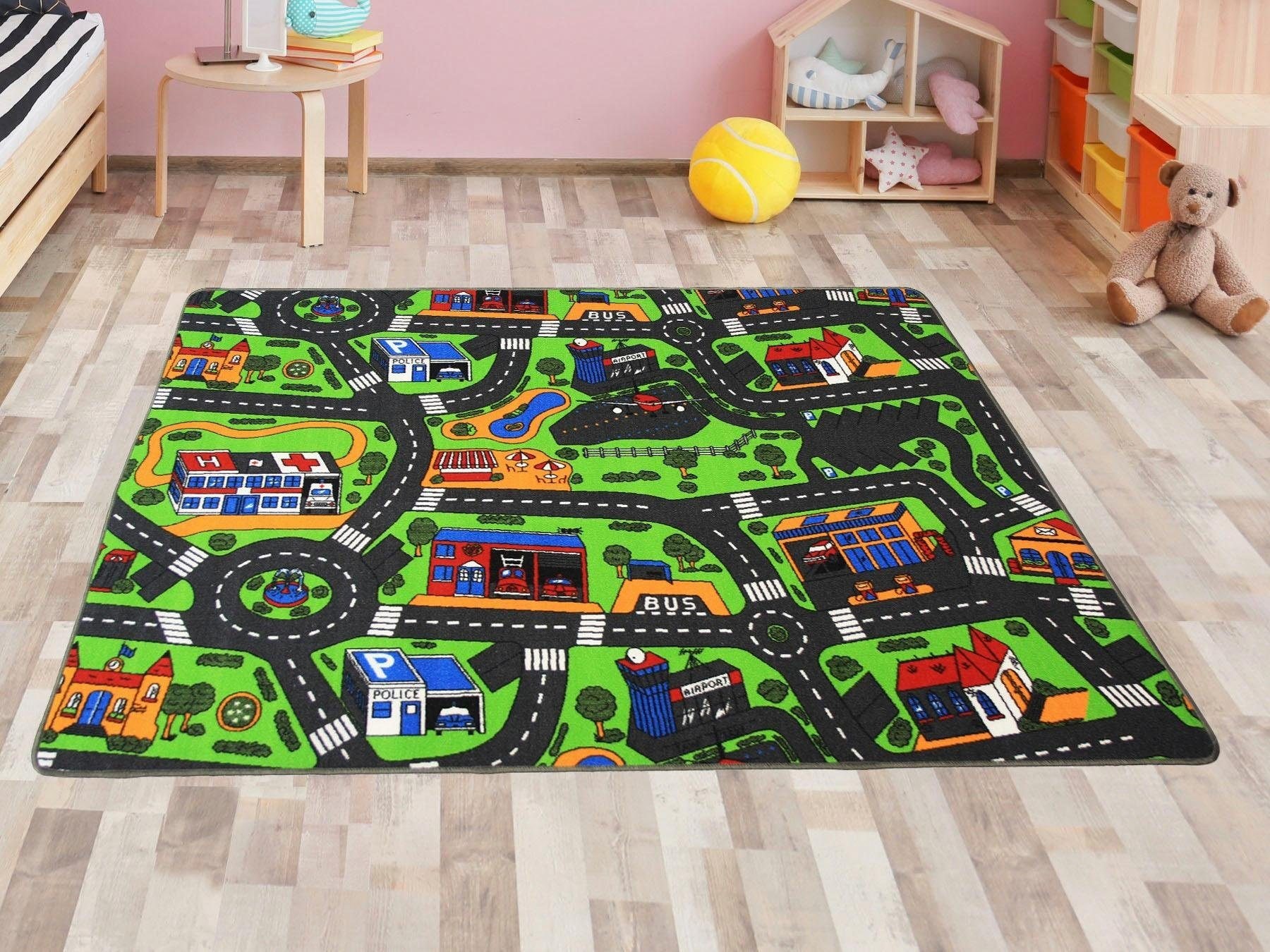 Primaflor-Ideen in Textil Kinderteppich »CITY, Made in Belgium«, rechteckig, 5 mm Höhe, Strassen-Spiel-Teppich, Strassenbreite ca. 9 cm, Kinderzimmer