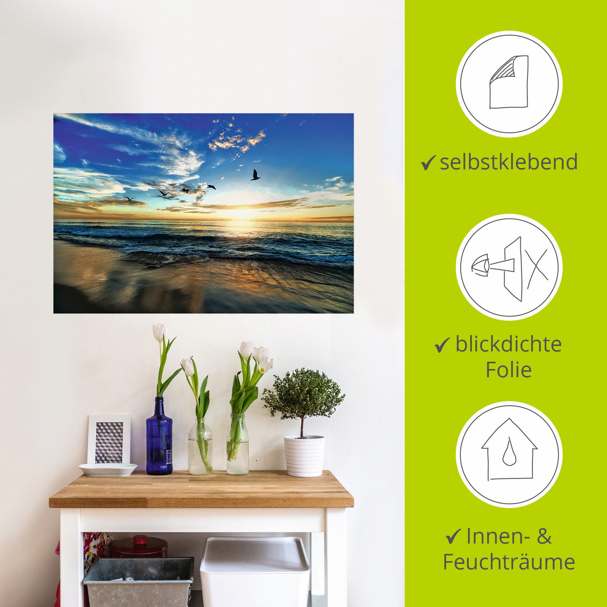 Artland Wandbild »Strand Möwen Meer Sonnenuntergang«, Sonnenaufgang & -untergang, (1 St.), als Alubild, Outdoorbild, Leinwandbild, Poster, Wandaufkleber