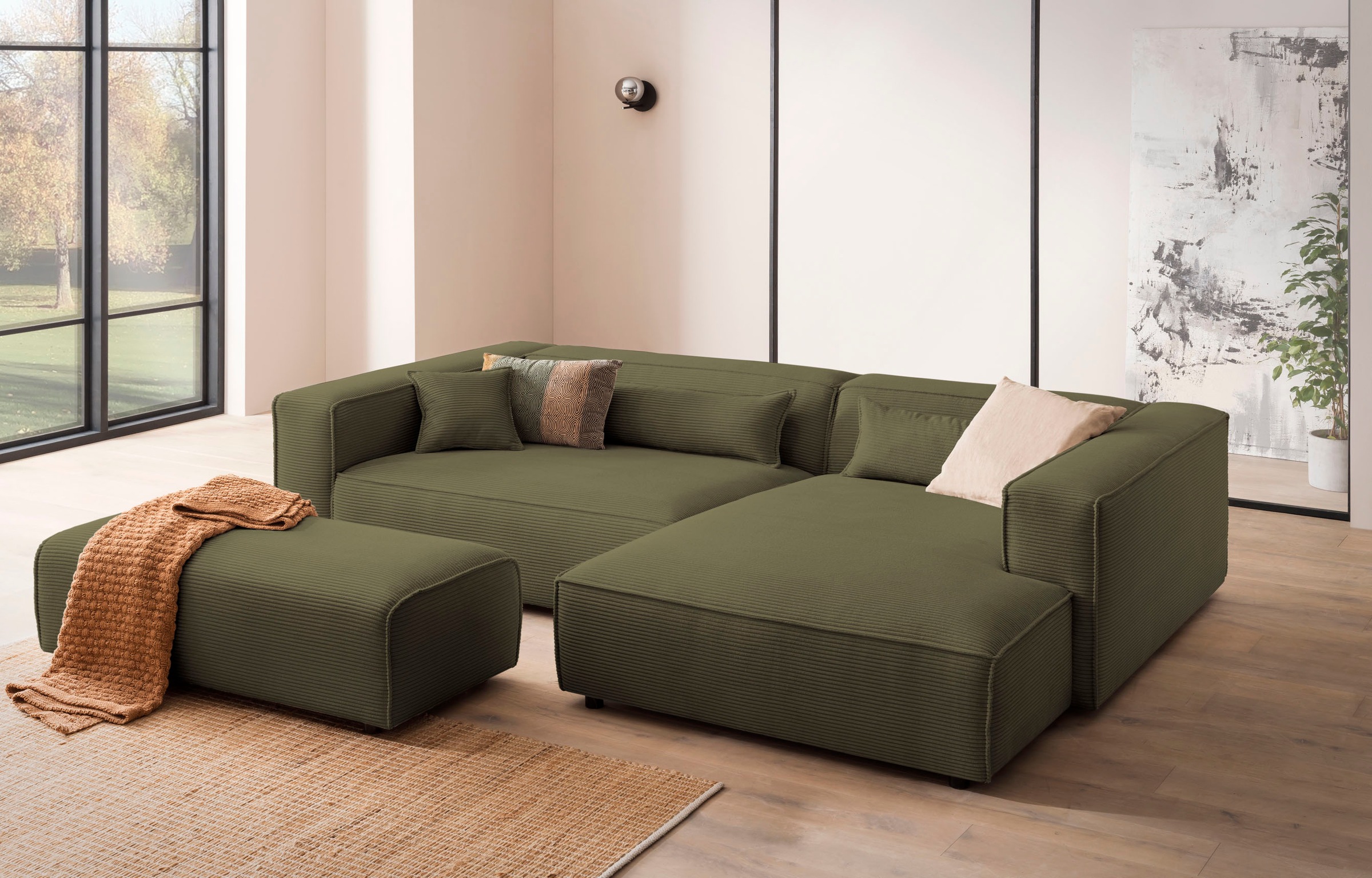 LeGer Home by Lena Gercke Polsterecke »PIARA XXL, L-Form, Schlaffunktion, Cord, Leinenoptik o. Strukturstoff«, Hocker stellbar zum Schlafsofa (Krokodilverbinder), tiefe Sitzfläche
