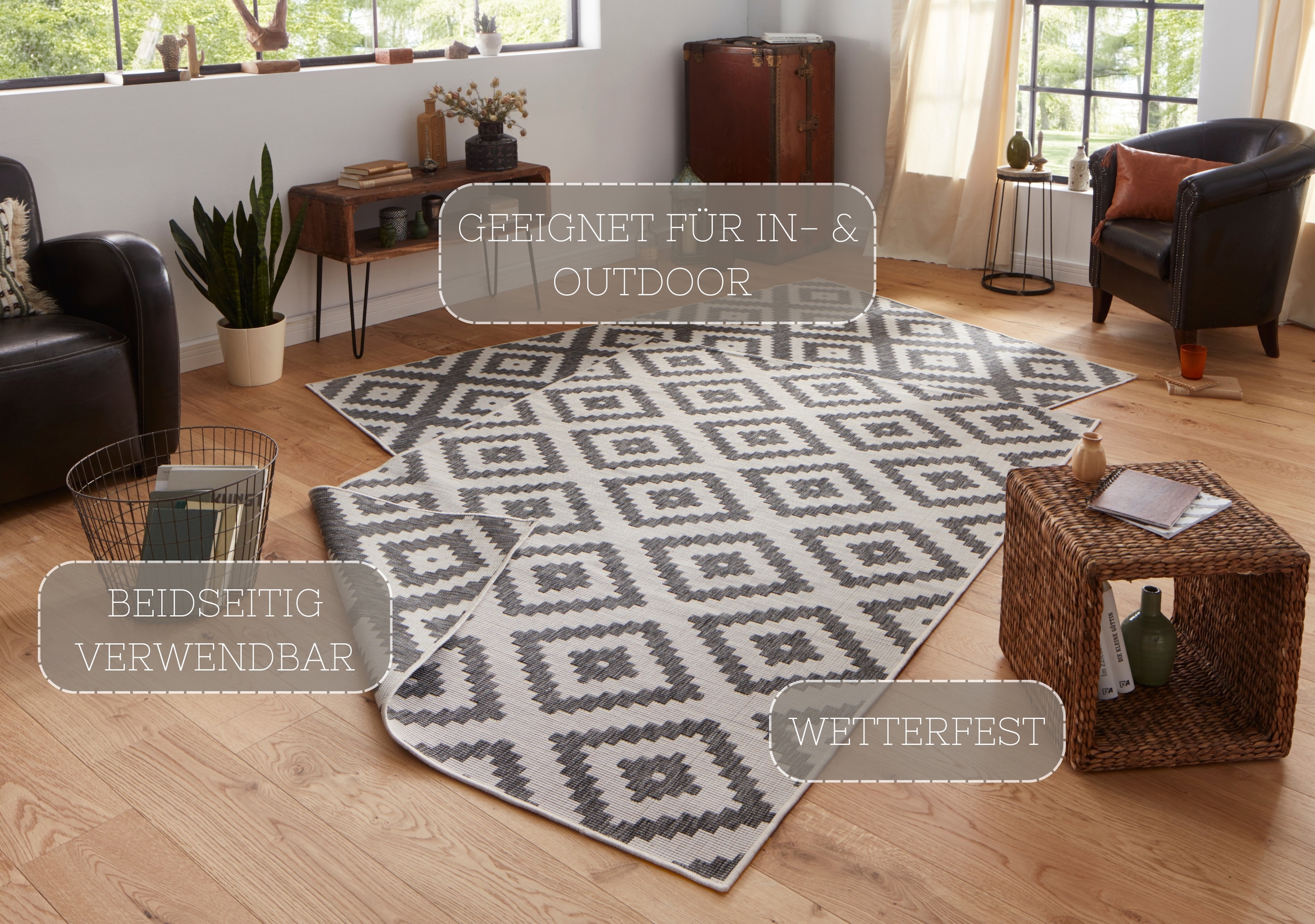 NORTHRUGS Teppich »Malta Wendeteppich«, rechteckig, 5 mm Höhe, In-& Outdoor, Wetterfest, Balkon, Terrasse, Raute, Läufer, Wohnzimmer
