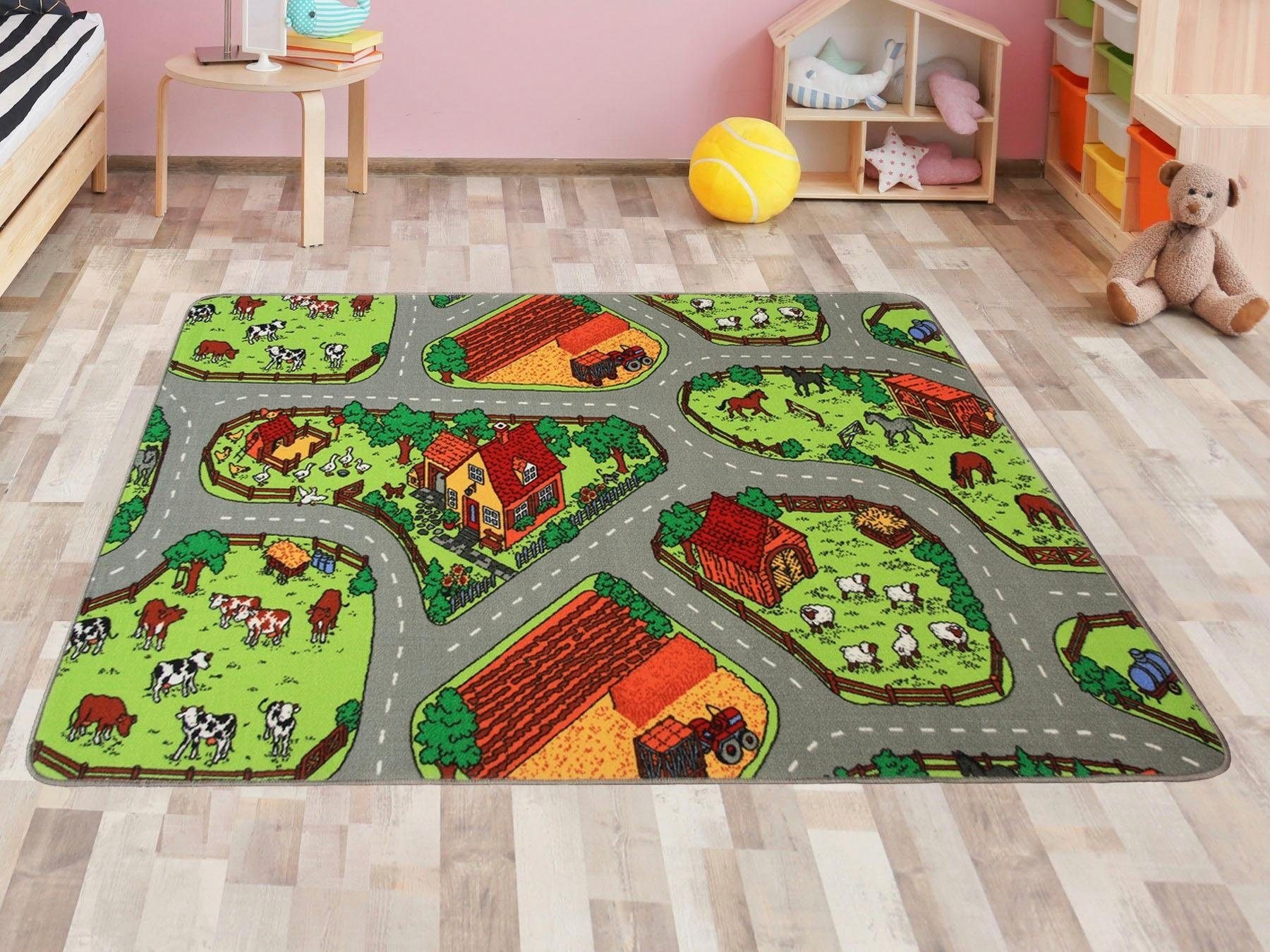 Primaflor-Ideen in Textil Kinderteppich »BAUERNHOF, Made in Belgium«, rechteckig, 5 mm Höhe, Strassen-Spiel-Teppich, Kinderzimmer