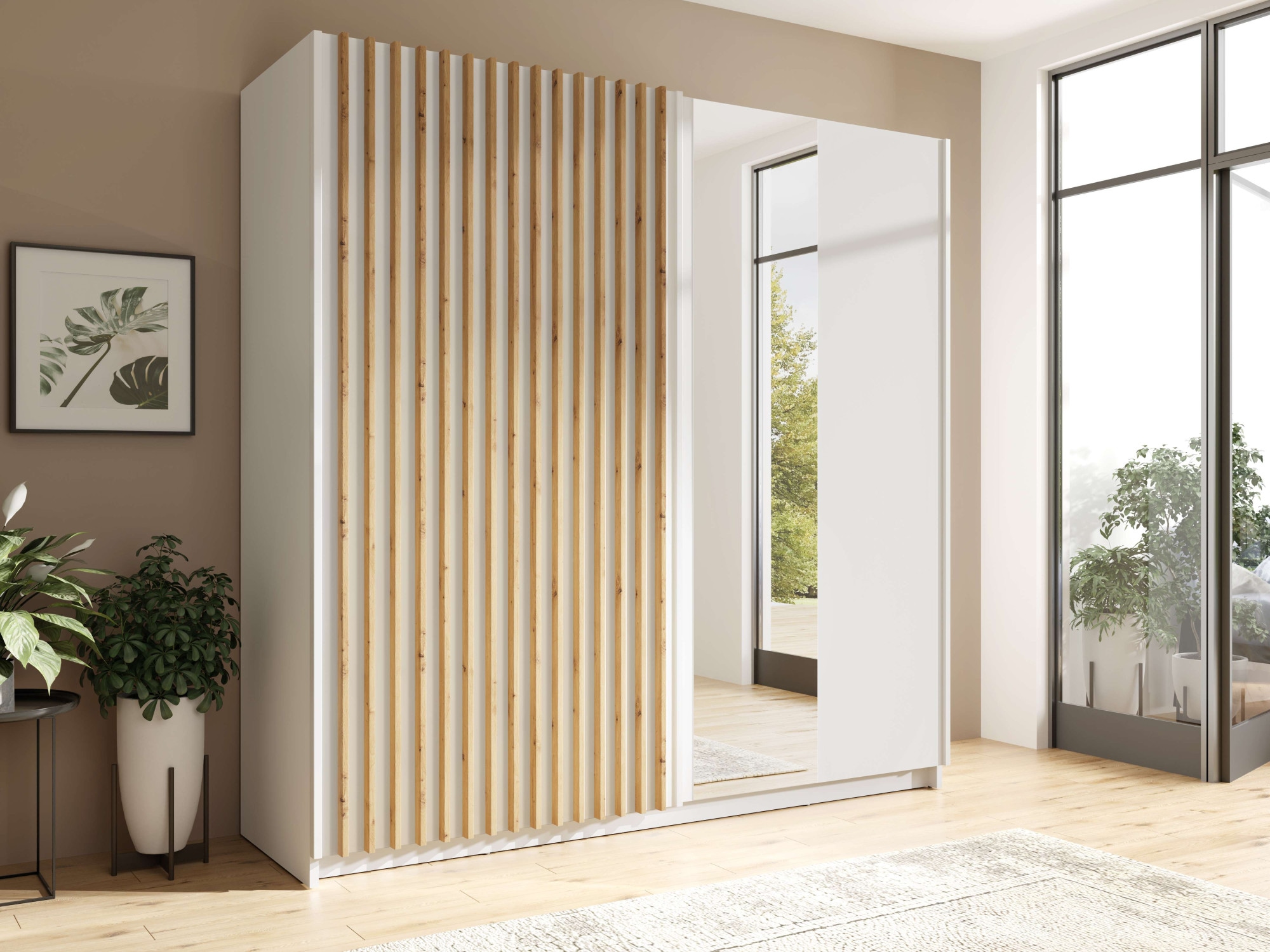 Home affaire Kleiderschrank »Kleiderschrank Camden mit Spiegel, 4 Einlegeböden und Kleiderstange«, Garderobe mit 2 Schwebetüren und Lamellen, BxHxT 200,2x198,5x61,6 cm
