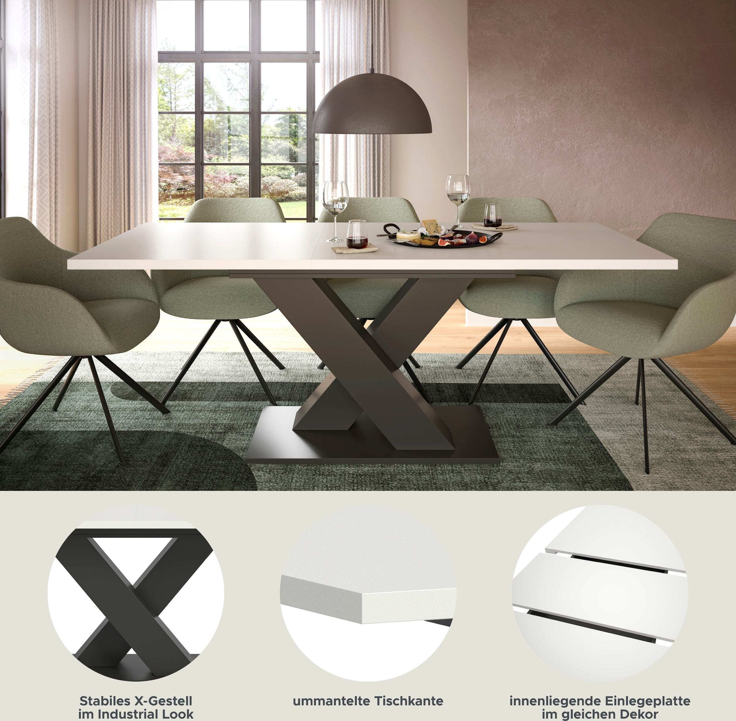 INOSIGN Esstisch »Motus, ausziehbar 150 -190 cm, inklusive 40 cm Einlegeplatte«, (Set, 1 St.), X-Gestell mit Bodenplatte, Tisch, Küchentisch, Esszimmer, Küche