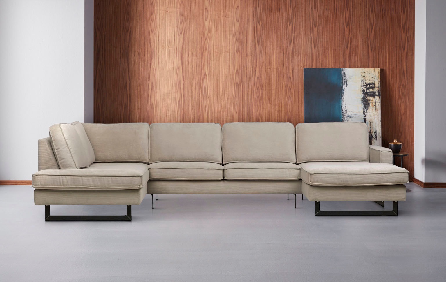 Places of Style Wohnlandschaft »Pinto, 350 cm, U-Form, XXL, mit Ottomanen«, Cord, Chenille, Lederoptik, mit Keder, Metallfüsse, Wellenunterfederung