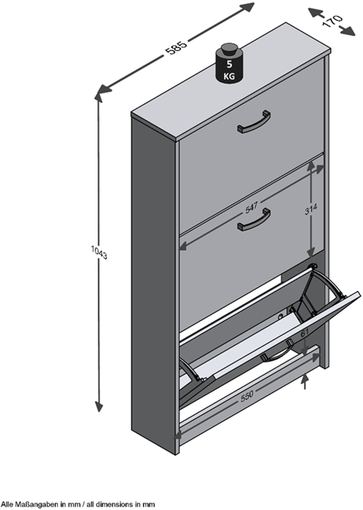 FMD Schuhschrank »Step 3«, Breite 58,5 cm, Tief 17 cm, mit 3 Klappen, Schuhkipper