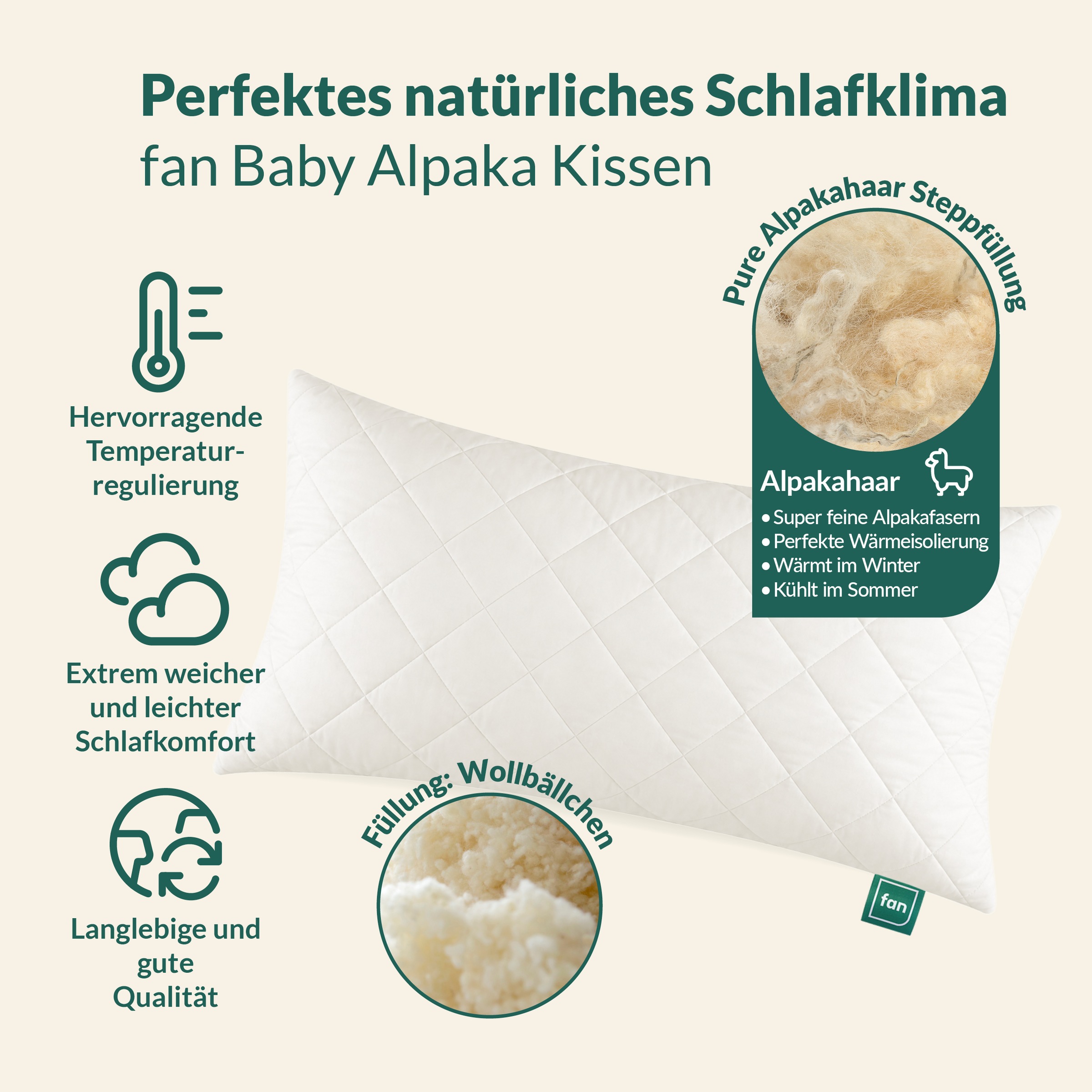 fan Naturhaarkissen "Baby Alpaka" Füllung: Wolle 1 Stk. tlg. Alpaka-Steppfüllung "Vlies der Götter"