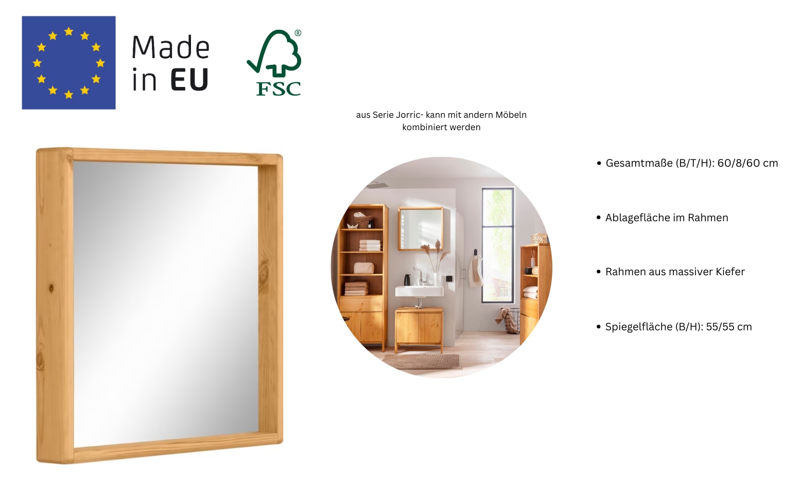 GOODproduct Badspiegel »Jorrick«, Rahmen aus FSC®-zertifiziertem Massivholz Kiefer, Breite 60 cm