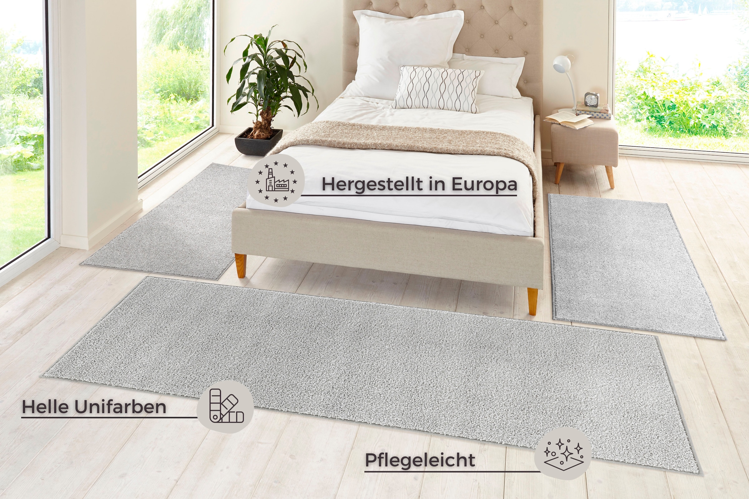 HANSE Home Bettumrandung »Pure 100«, (3 tlg.), Kurzflor, Unifarben, Teppich, Bettläufer, Bettvorleger, Teppichläufer