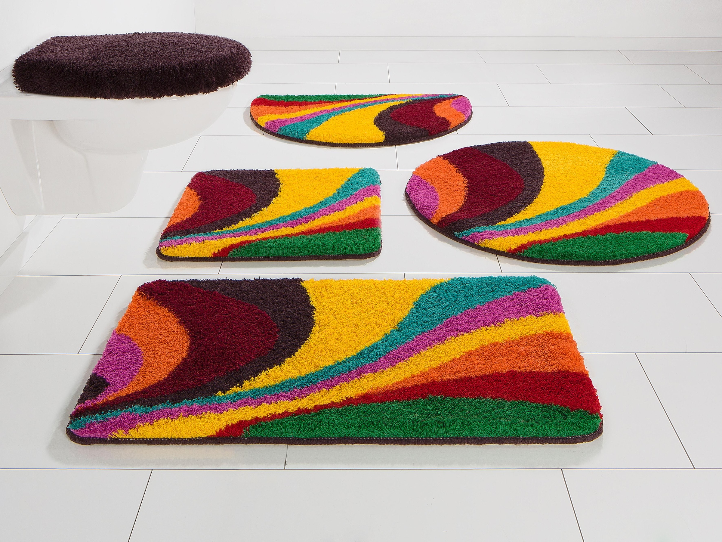Badezimmer Set Badematten Rainbow Badteppich Badvorleger Deckelbezug 3-tlg 