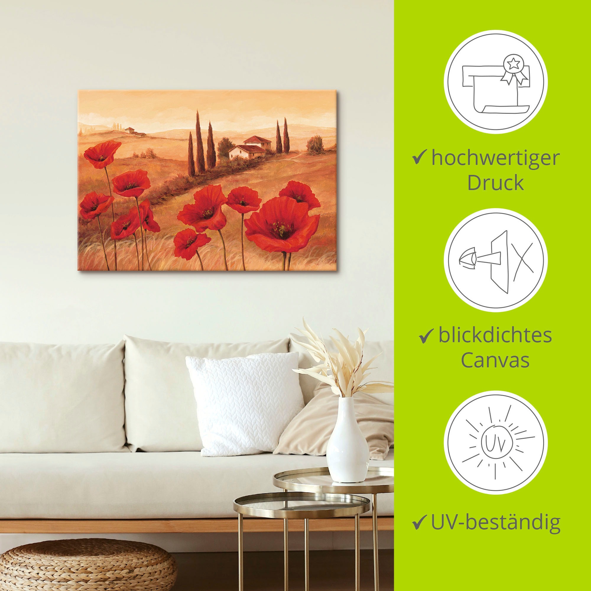 Artland Wandbild »Mohnblumen in der Toskana«, Europa, (1 St.), als Leinwandbild, Poster, Wandaufkleber in verschied. Grössen